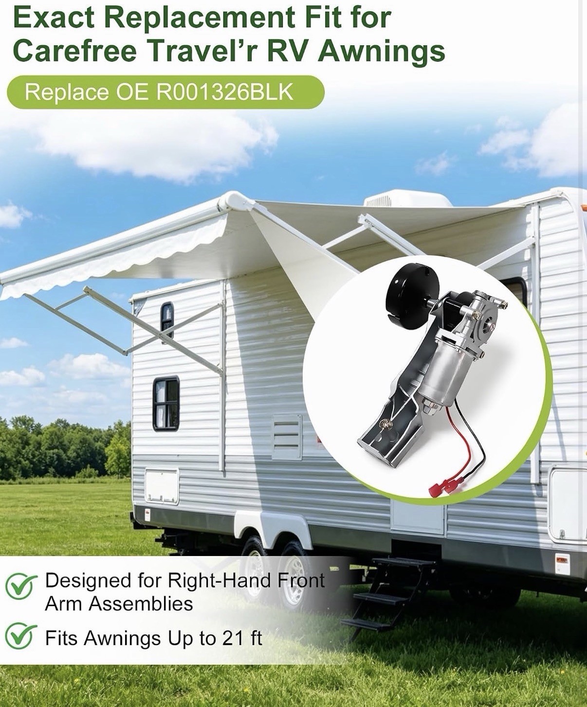 R001326BLK RV Awning Motor Fit, Carefree Travel’r 12V Electric Motor Up To 21’