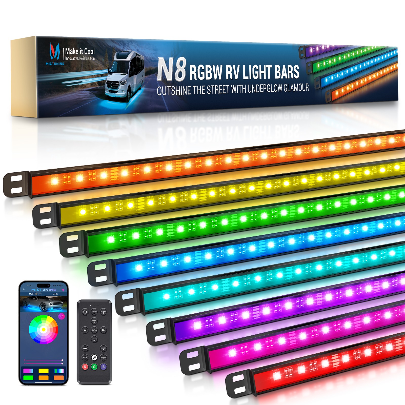 MICTUNING 8PCS RGBW Underglow Light Bars Neon Accent Underbody LED Light strip
