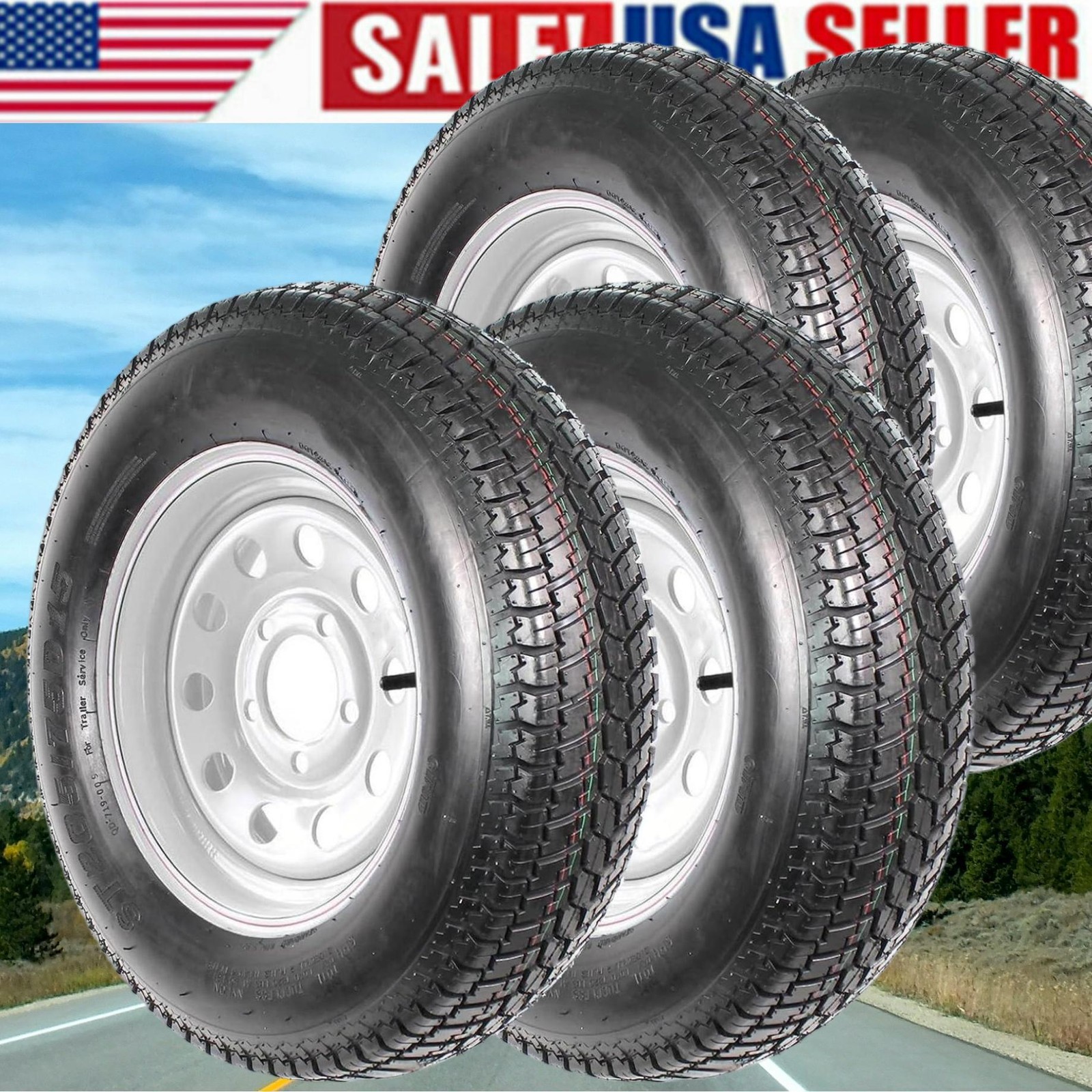 4 Pack ST205/75D15 Trailer Tires on Rims 205/75 15 in. 5 Lug Silver Spoke Wheel