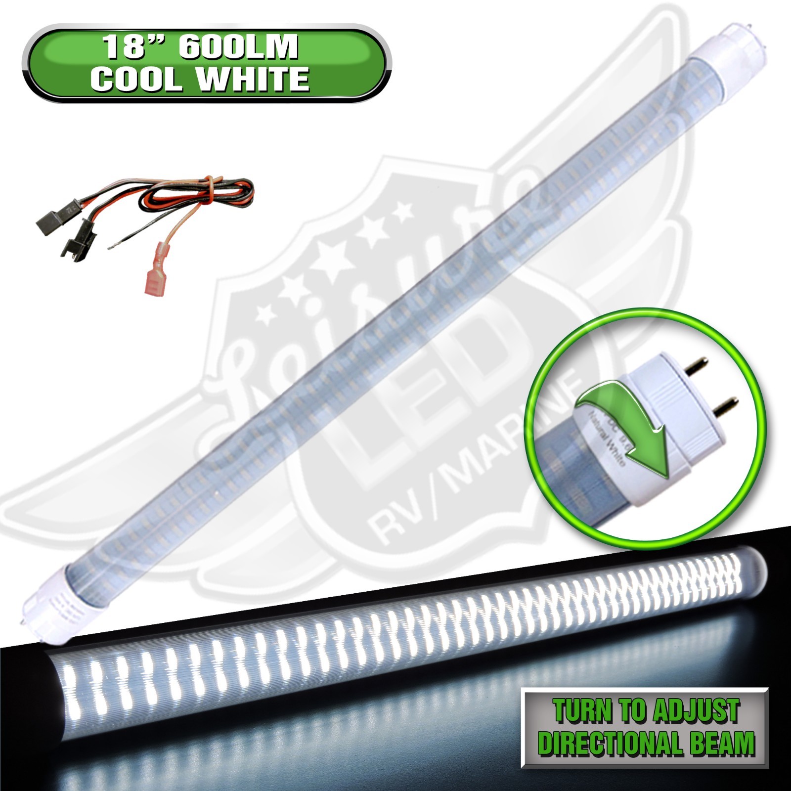 12V DC RV Marine F15T8 LED Tube Light 9W 18″(17-3/4″ pin to pin) Cool W 600 lm