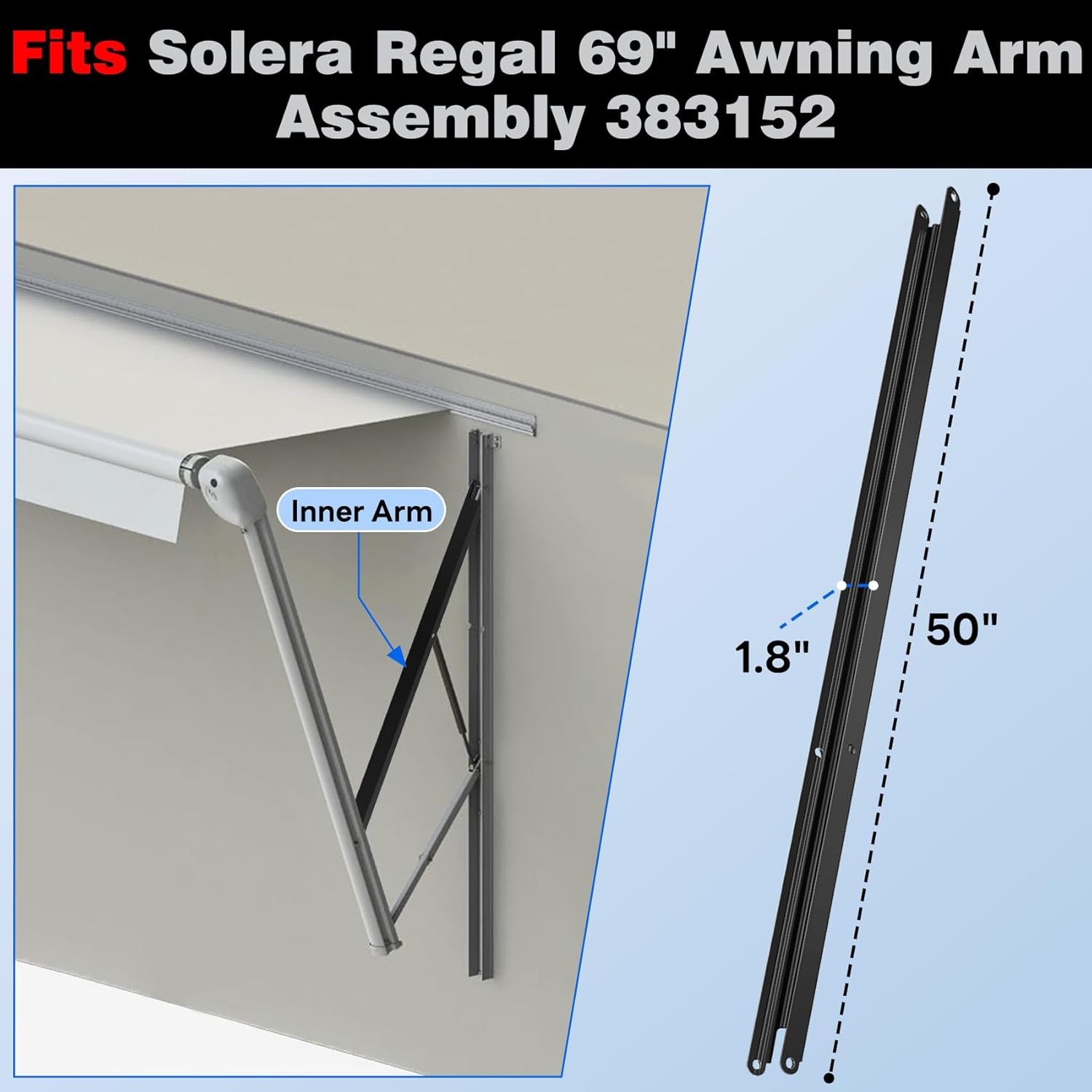 50″ RV Awning Inner Drive Arm For 05-24 Solera Regal 69″ Black Aluminum Rail
