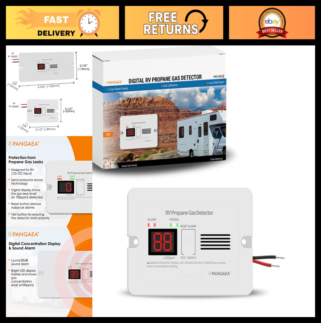 Digital RV Propane Gas Detector 85dB Alarm, DC 12V for Trailer & Motorhome