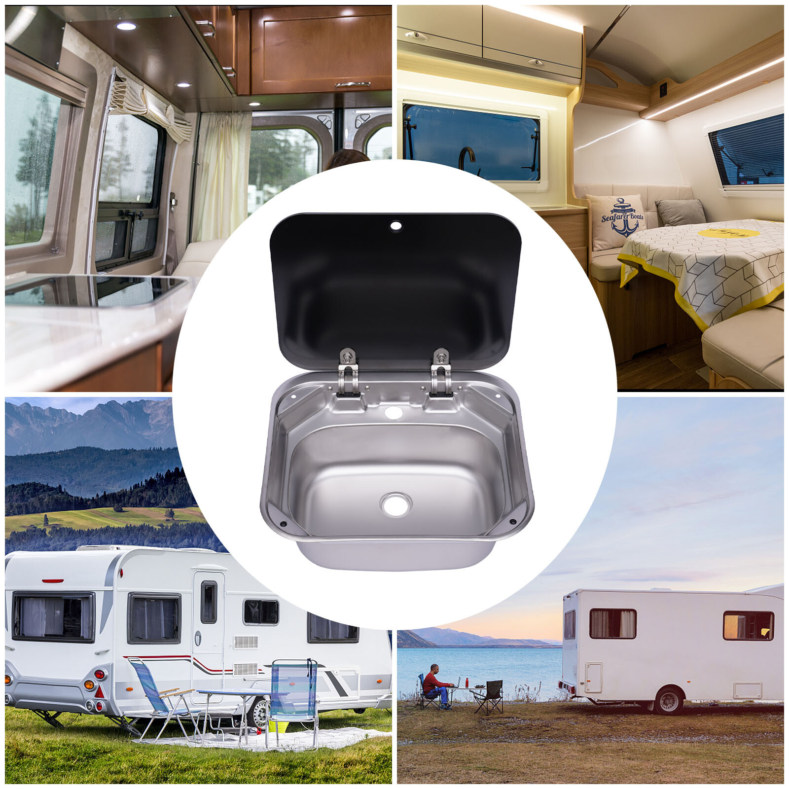 Stainless Steel RV Kitchen Semi-recessed Sink w/ 4x Buckles Overflow-proof New