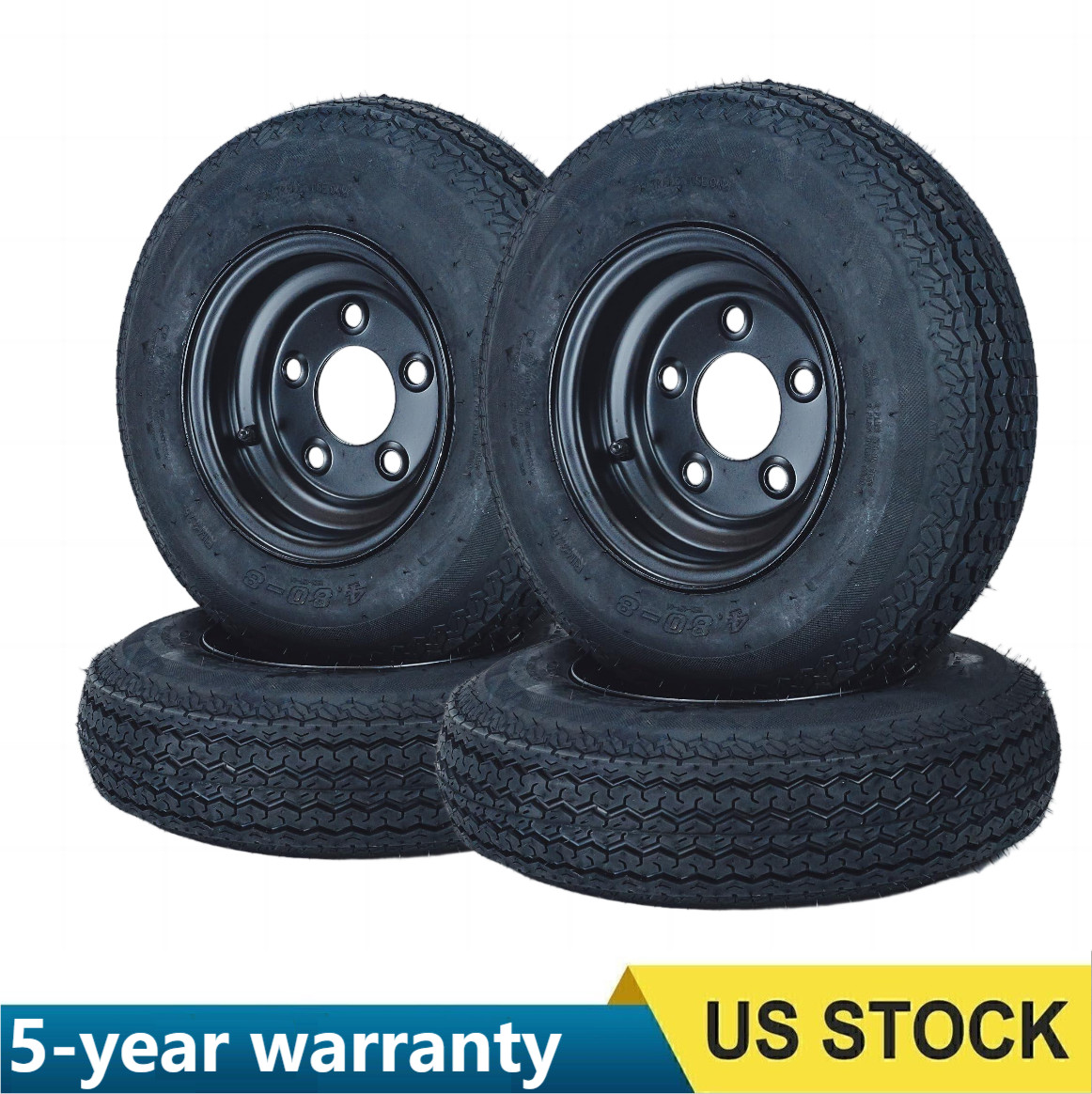 ⭐4 PCS 4.80-8 Trailer Tires with 8″ Rims 4.80×8 480-8 5 Lug on 4.5″ Black Wheel