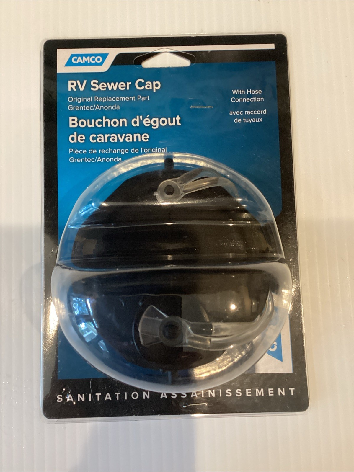 Camco 39463 RV Sewer Cap W Hose Connection Trailer Drain Water Waste Tank Cap E5