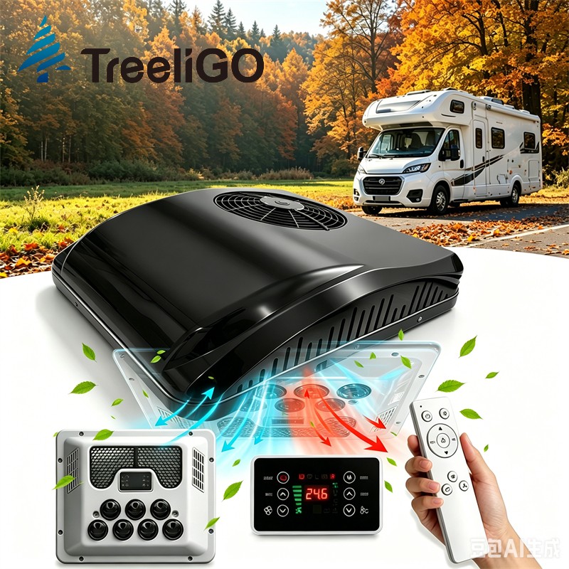Treeligo 12V Coo&Heat Black Rooftop Air Conditioner Electric AC Unit For RV