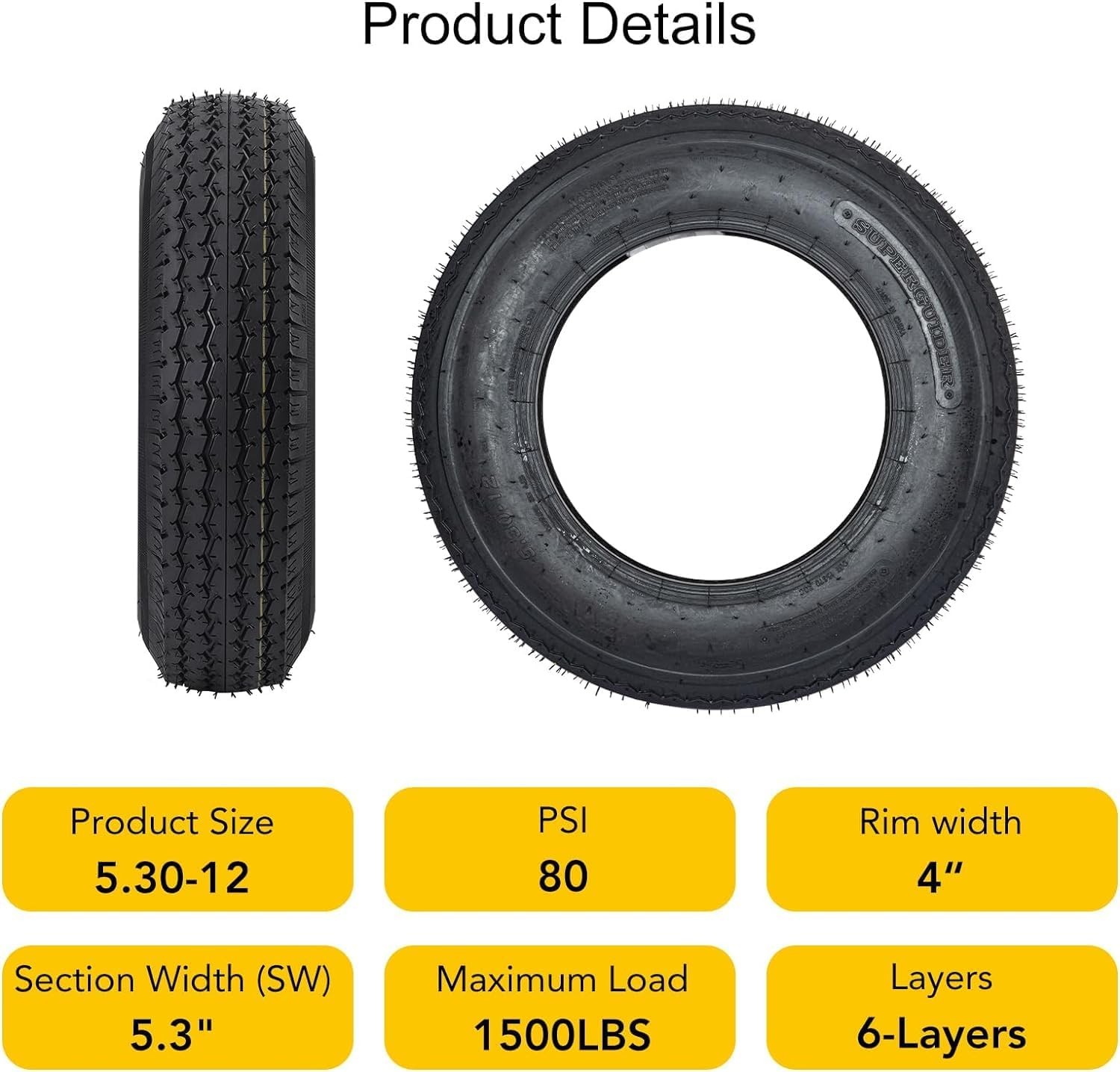 Set 2 5.30-12 Boat Trailer Tires 6Ply 5.30×12 5.3-12 530-12 Load Range C Replace