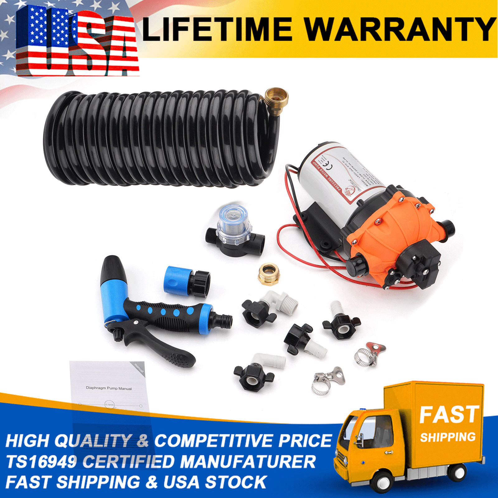 12V High Pressure 80PSI Water Pump Deck Washdown Kit 7GPM Boat Marine Caravan RV