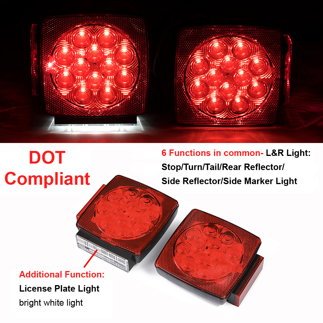 Pair LED Submersible Lights Trailer Under 80″ Tail Brake Boat Stud Mount Square