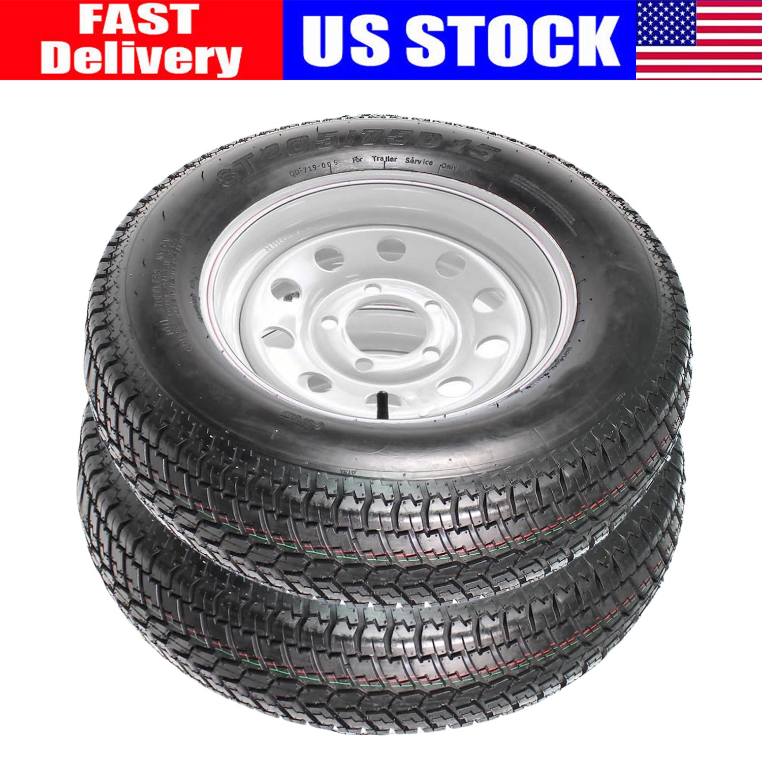 2PCS Trailer Tire On Rim ST205/75D15 205/75 15 in. LRC 5 Hole Silver Spoke Wheel