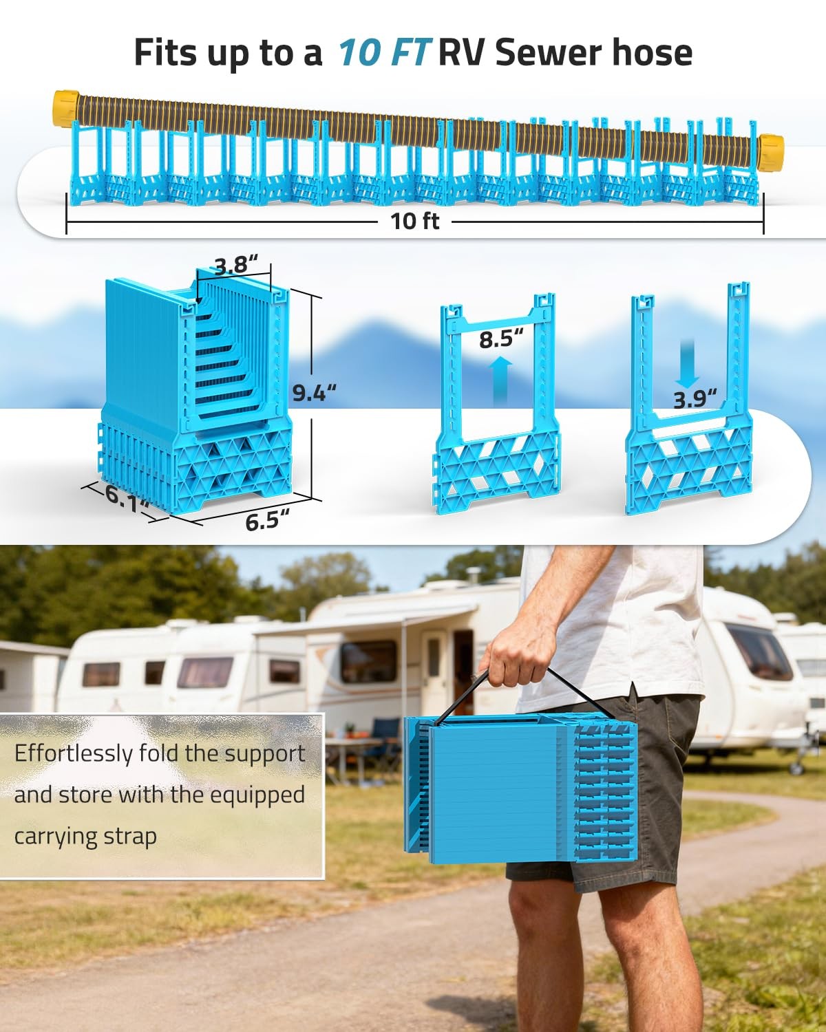 PAULINN 10ft RV Sewer Hose Support Height Adjustable Deep Cradles w/ Strap