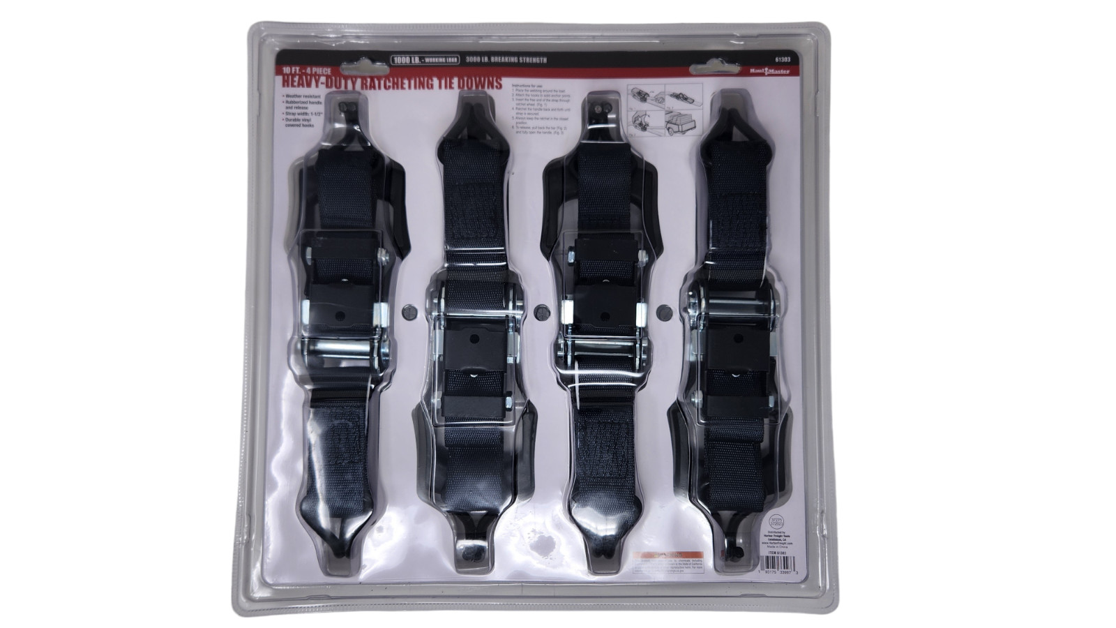HAUL-MASTER 1000 lb Capacity 1-1/2 in. x 10 ft. Ratcheting Tie Down Straps 4 Pce