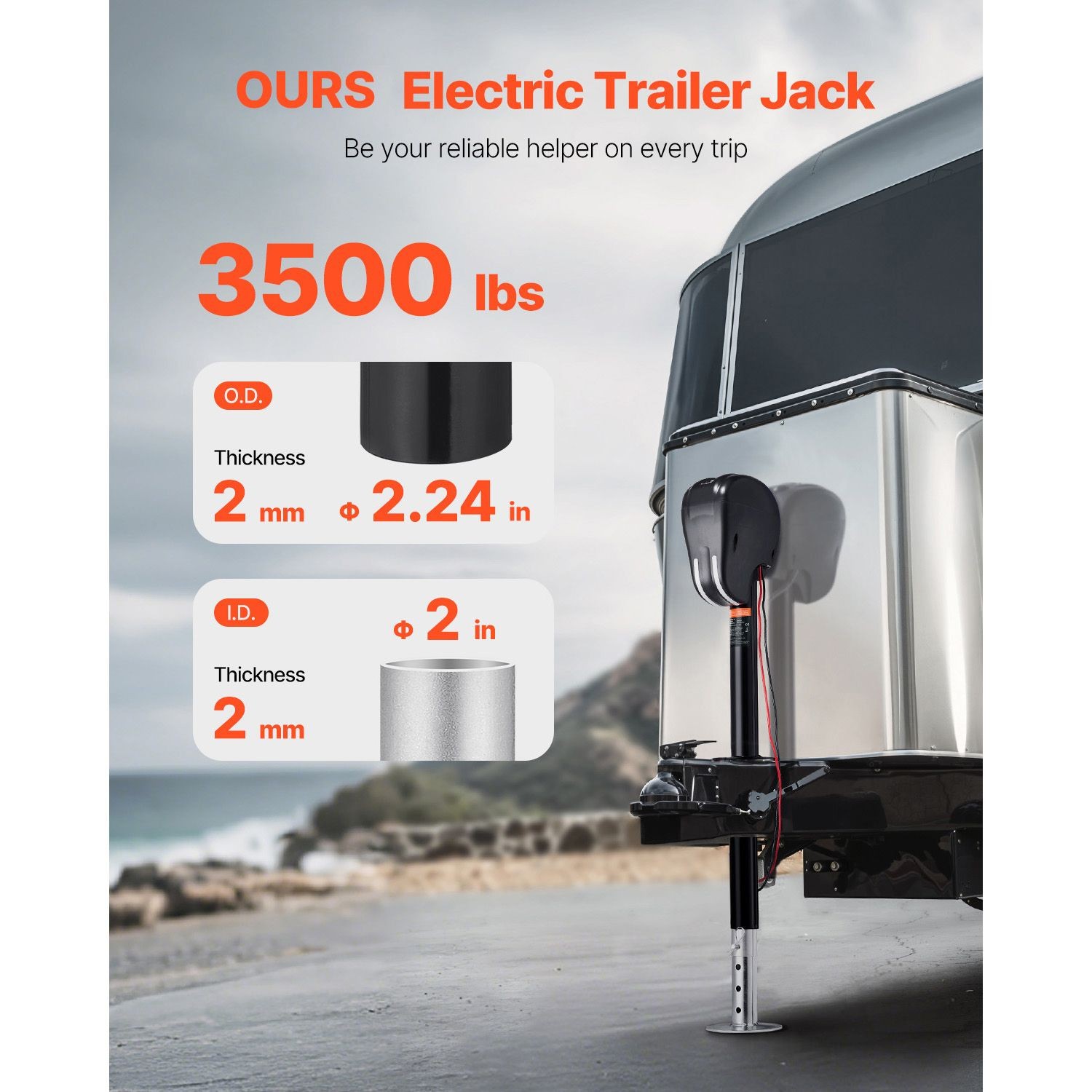 3500lb Electric Trailer Jack 9.5-30in Lift, 12V DC, Weatherproof