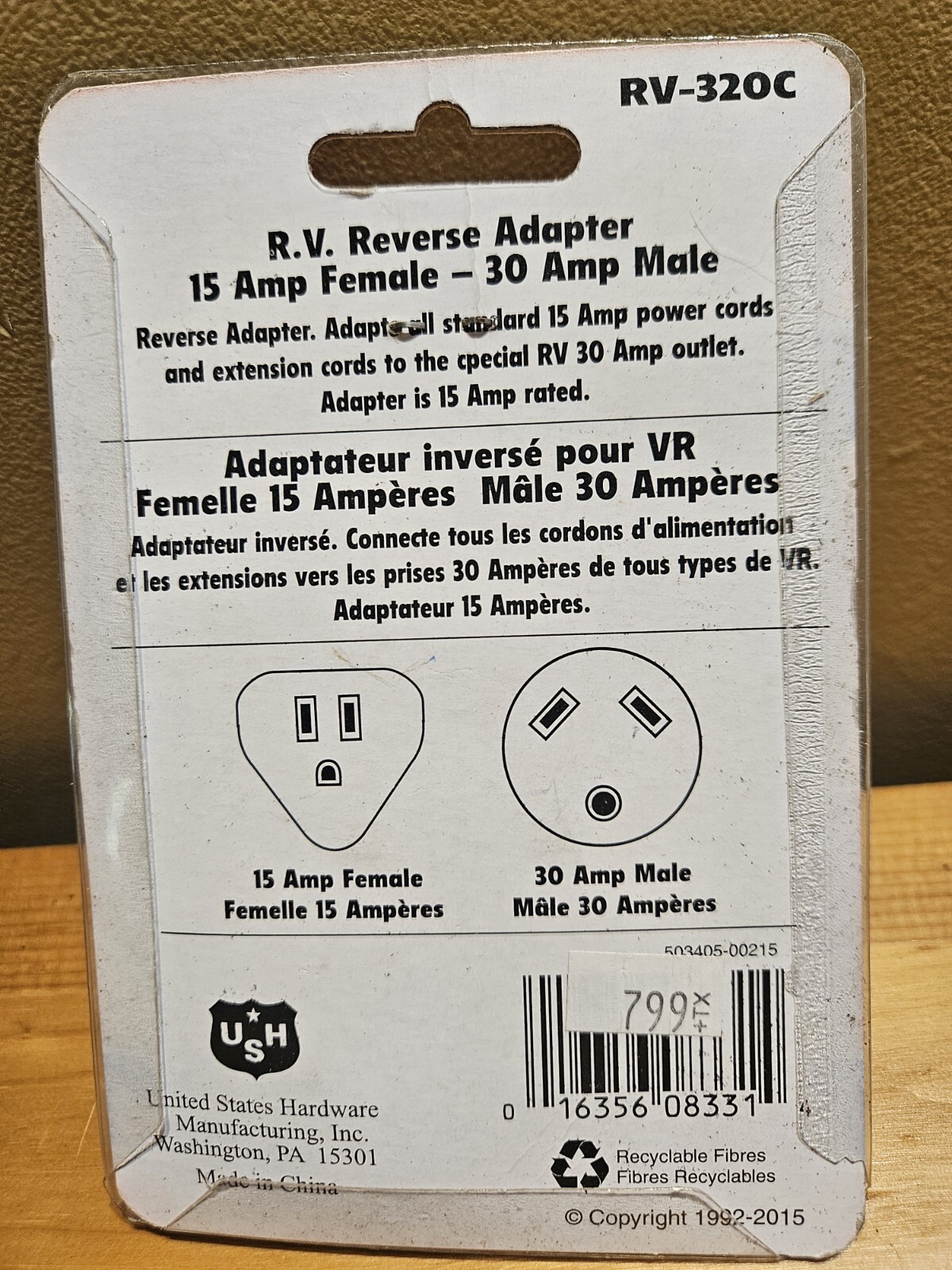 United States Hardware RV-320C R.V. Reverse Adapter 15 Amp Female-30Amp Male USA