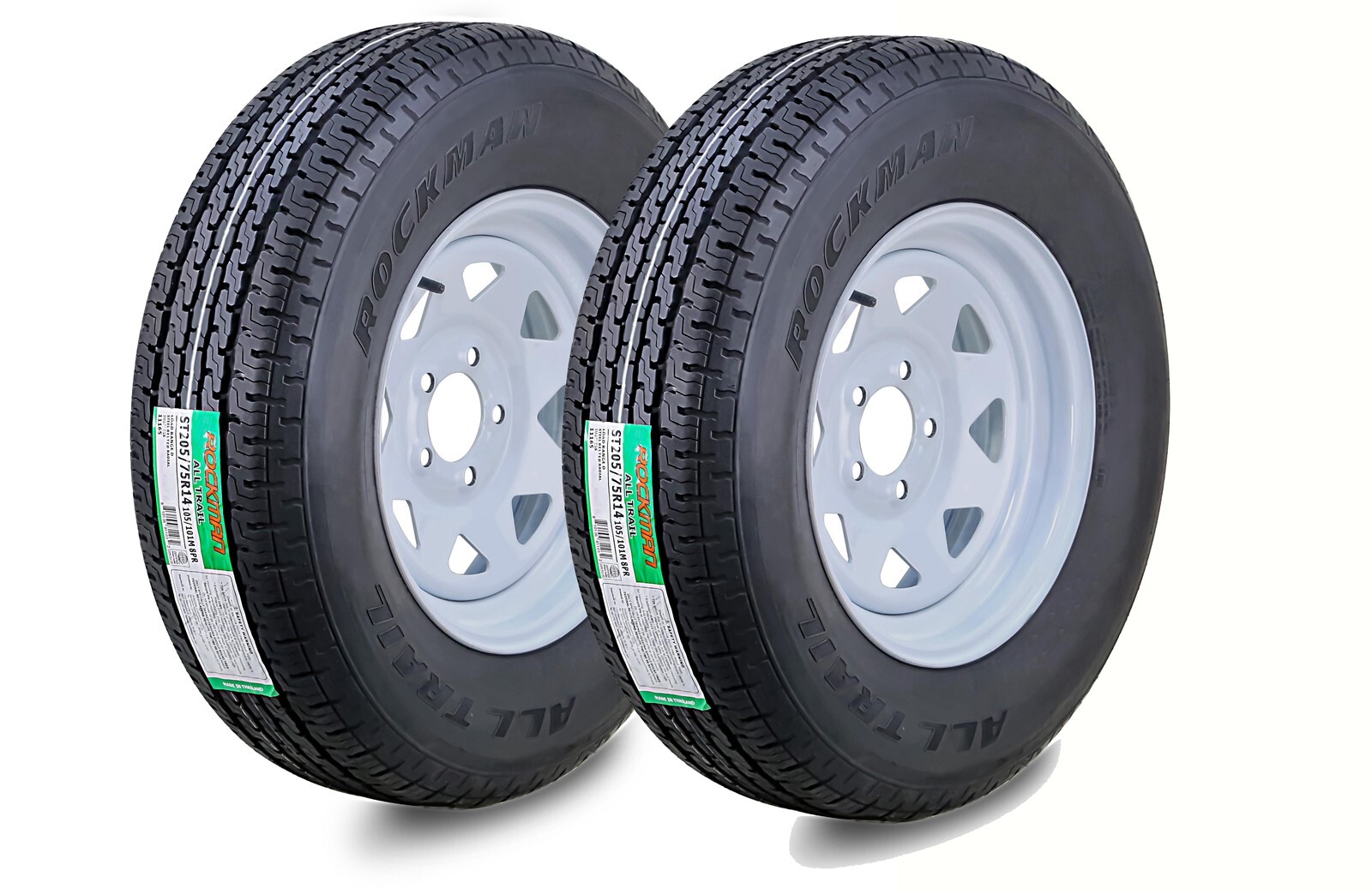 2 ROCKMAN Trailer Tire Assembly ST205/75R14 8-Ply White Spoke Rim 5 Lug on 4.5″