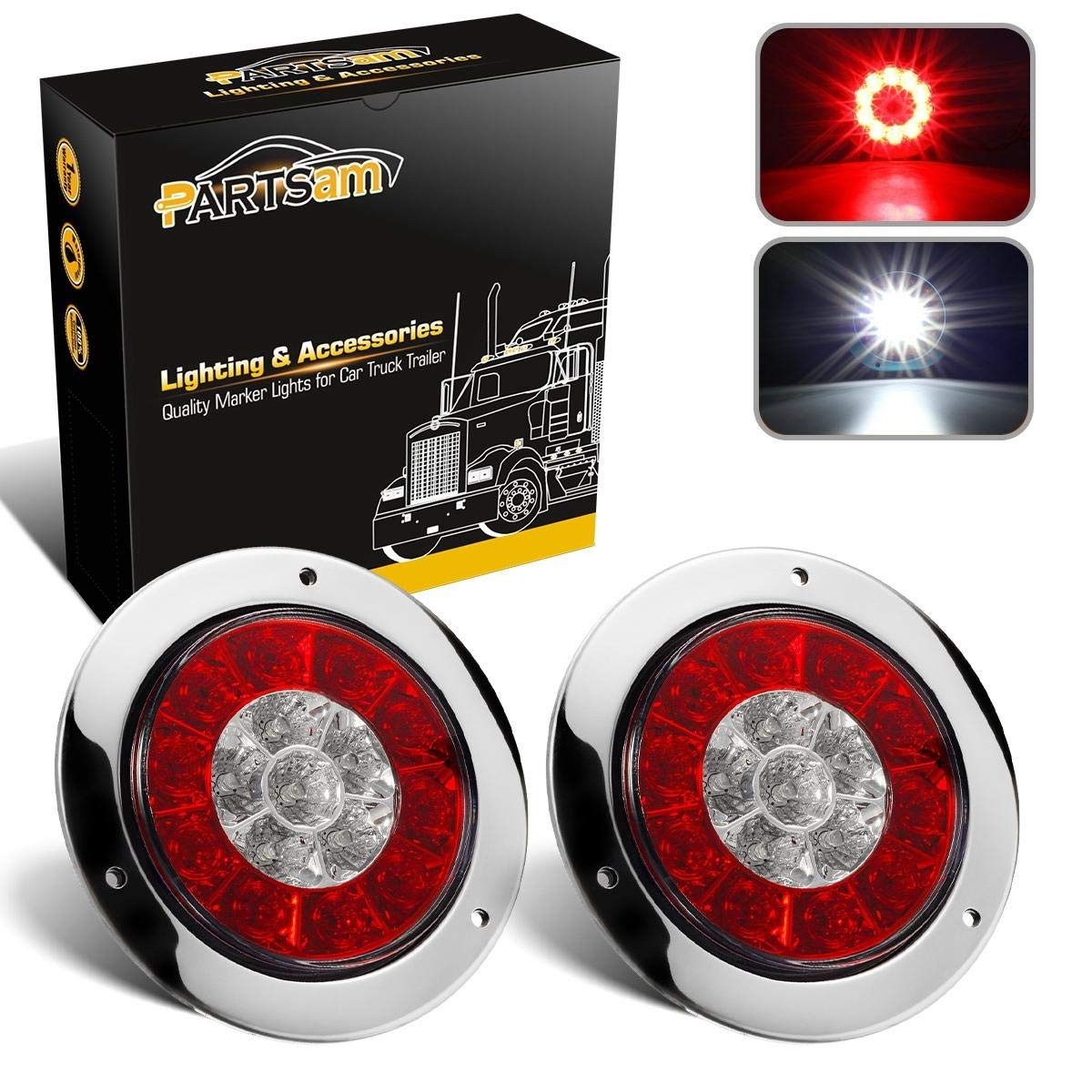 Partsam 2Pcs 4″ Inch Round LED Trailer Tail Lights White Red Taillights Flang…