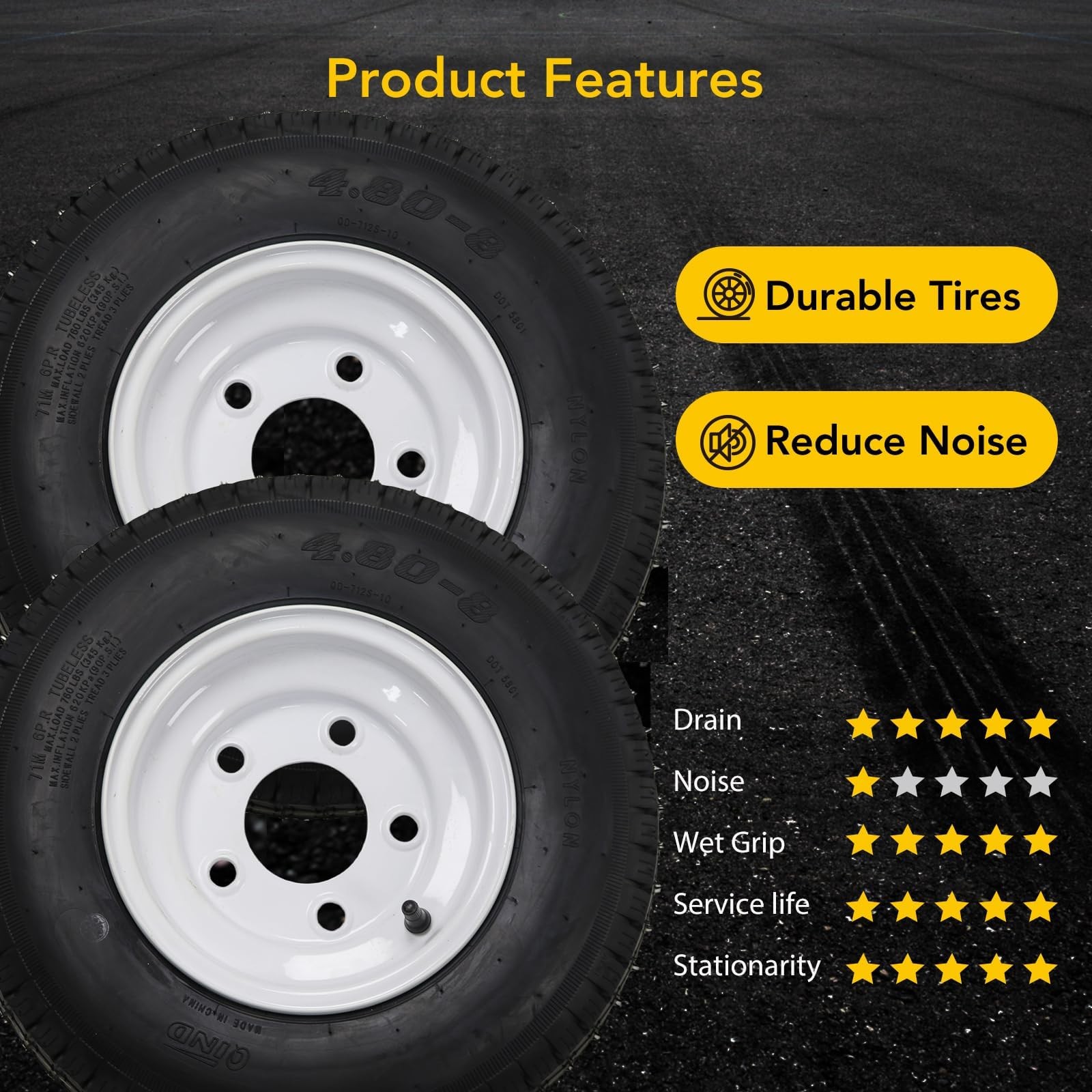2 pcs 4.80-8 Trailer Tires with Rims 4.80×8 480-8 5 Lug on 4.5″ and White Wheel