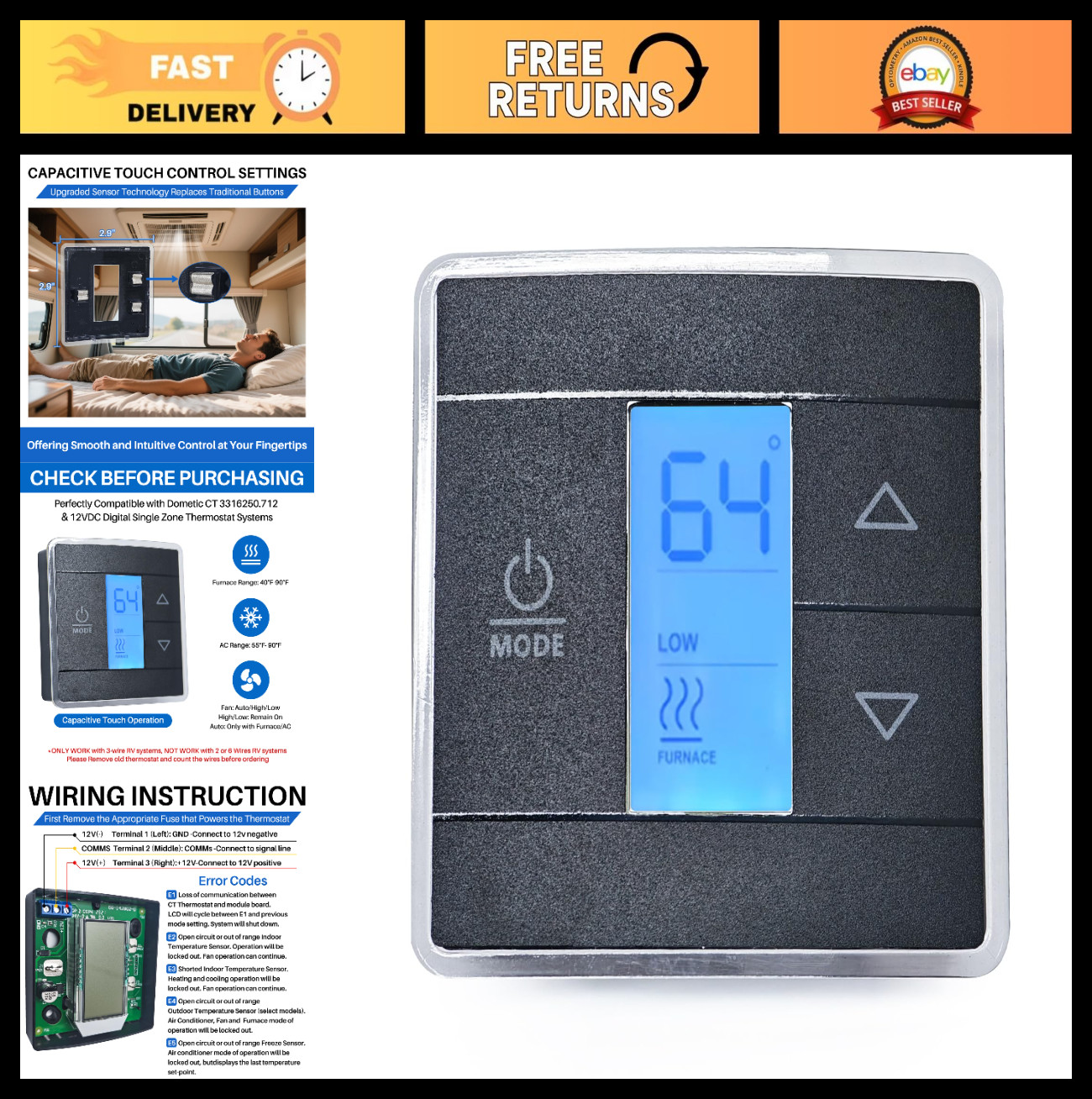 3-Wire Digital RV Thermostat Replacement for Cool/Heat, 12V DC, Touch-Sensitive