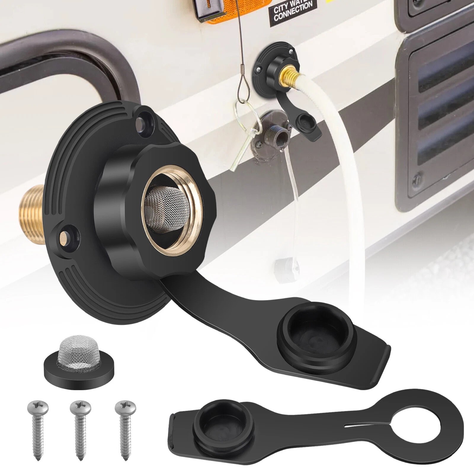 RV City Water Inlet With Check Valve Flange Brass Hose Connector Connection Fill