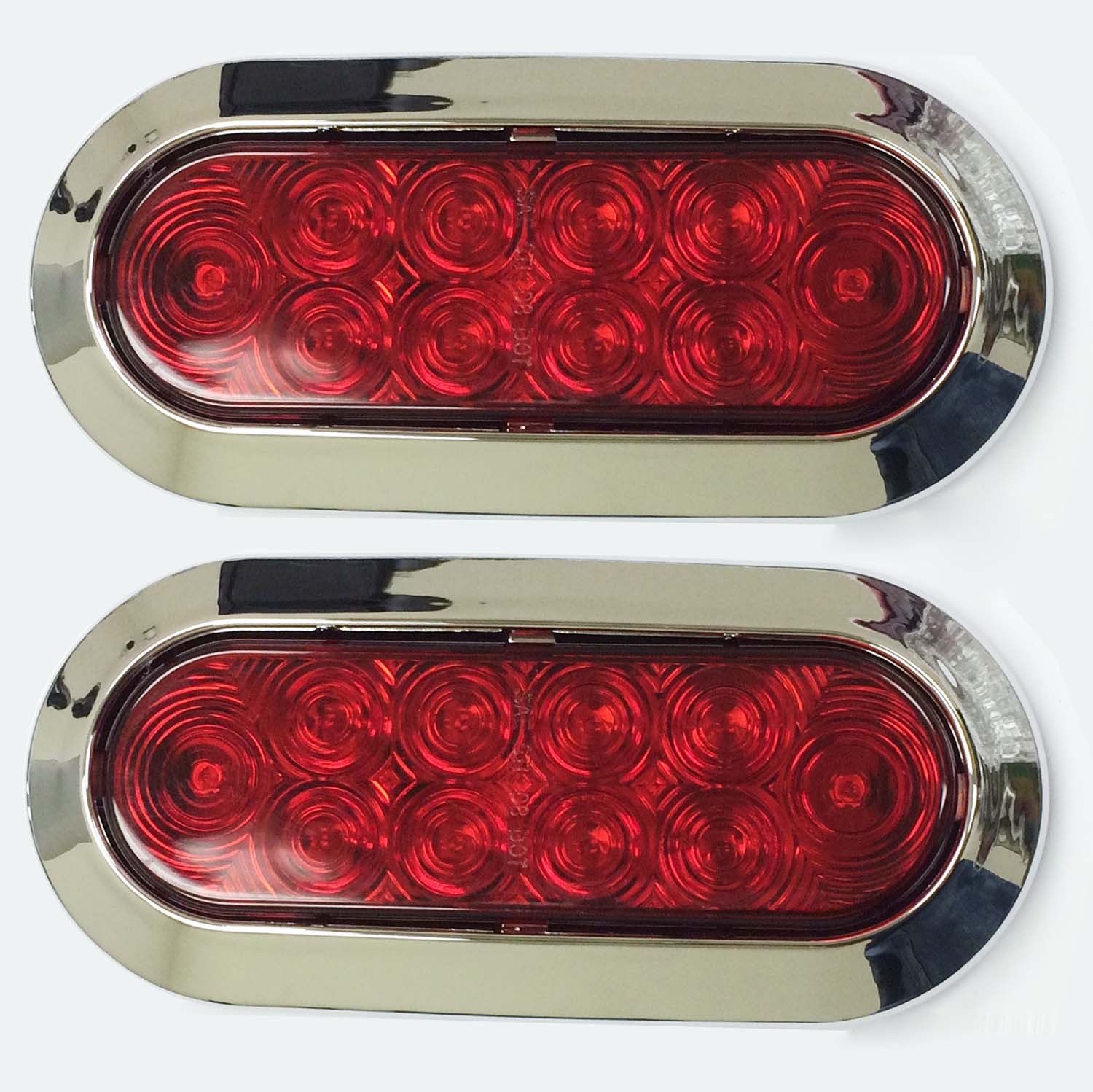 2pcs 6″ Oval Chrome Trailer Truck Red 10 LED Surface Mount Stop Turn Tail Lights