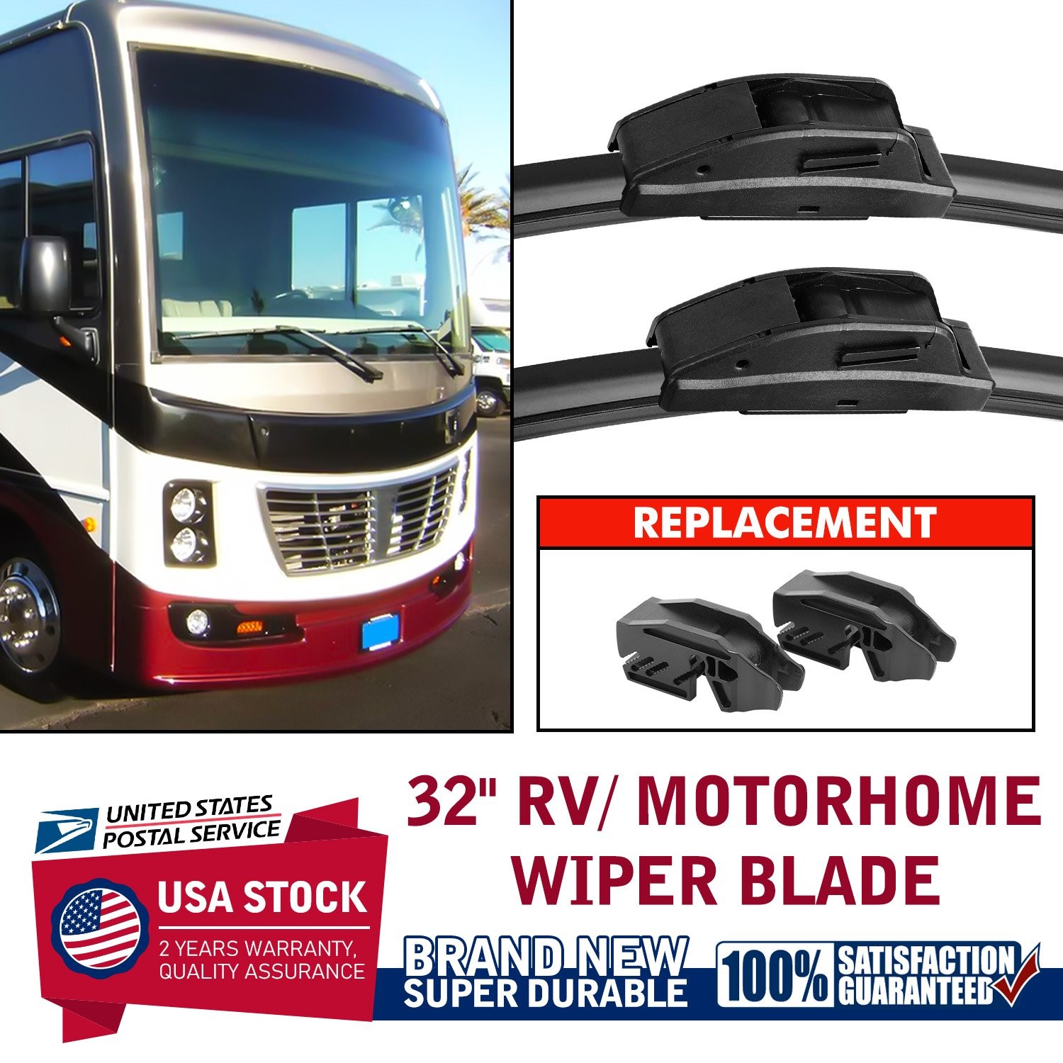 Wiper Blades Set of 1Pair Front Left & Right Replacement for RV – 32-Inch Length