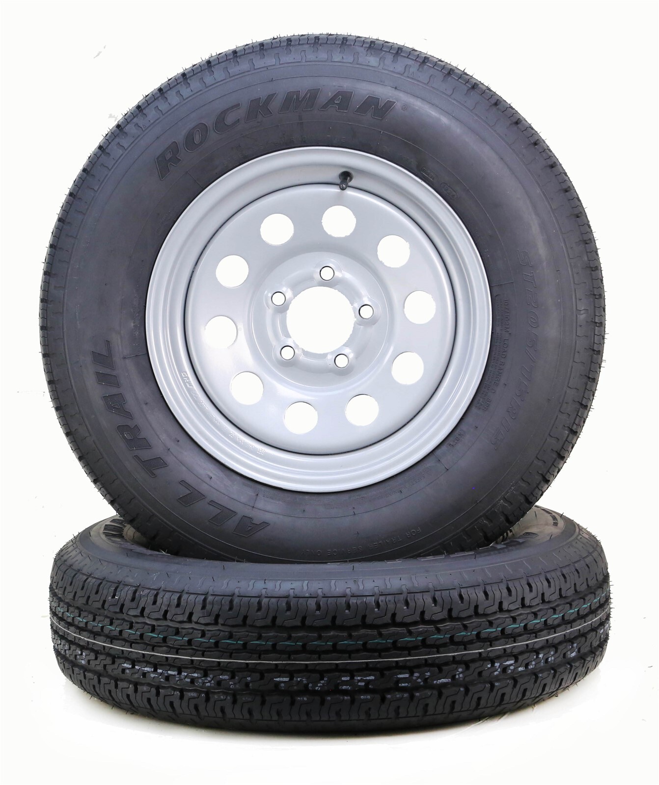 Set 2 Trailer Tire Silver Mod Rim ST205/75R15 8-Ply D 107M 5 Lug on 4.5″