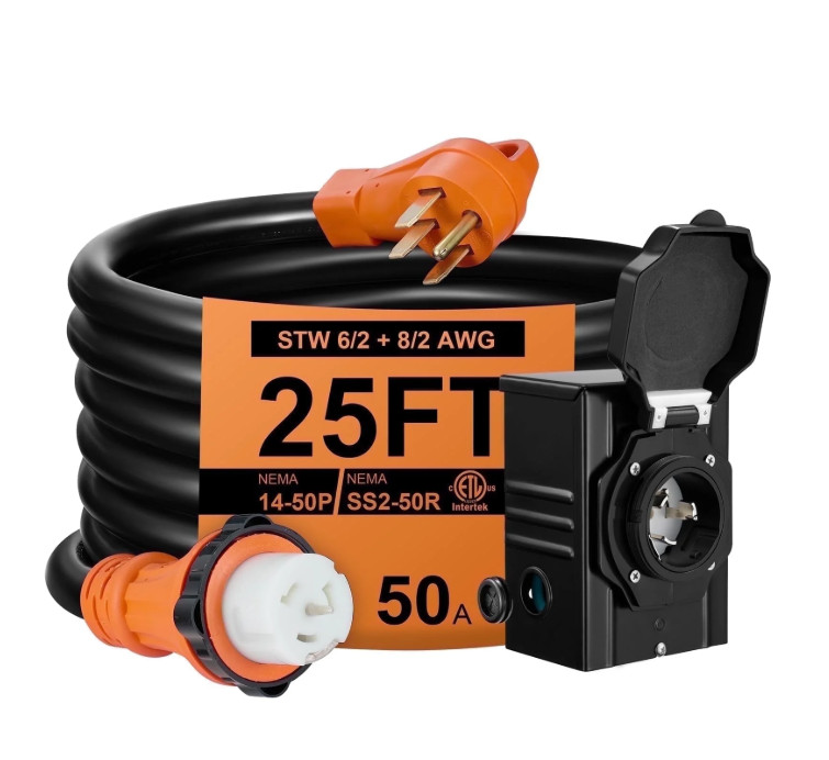 25 Feet 50A RV Extension Cord ETL Listed Waterproof 14-50P to SS2-50R