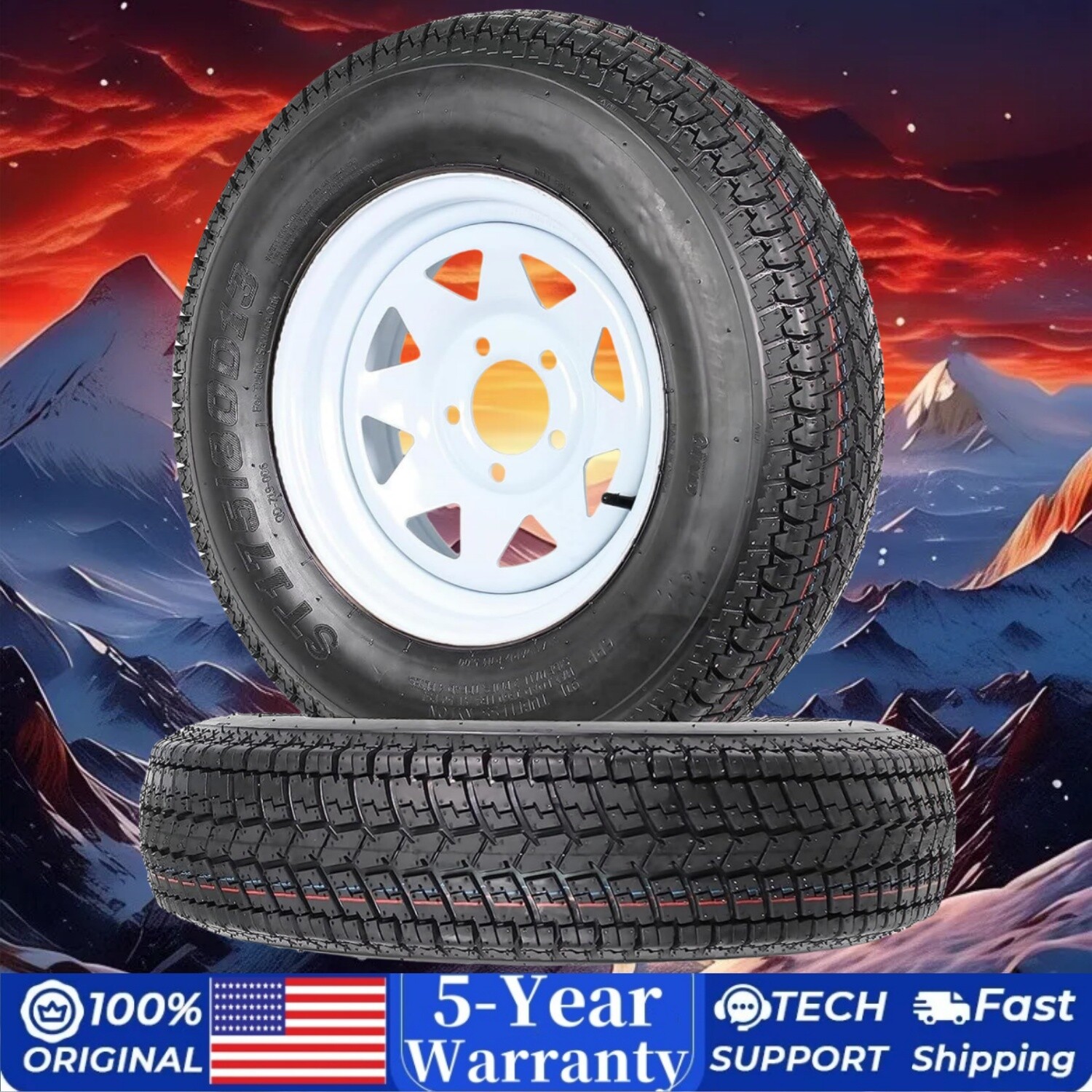 2pcs Trailer Tires and 13″ Rims Wheels 5 Lug on 4.5″ ST175/80D13 175 80 13 Tires