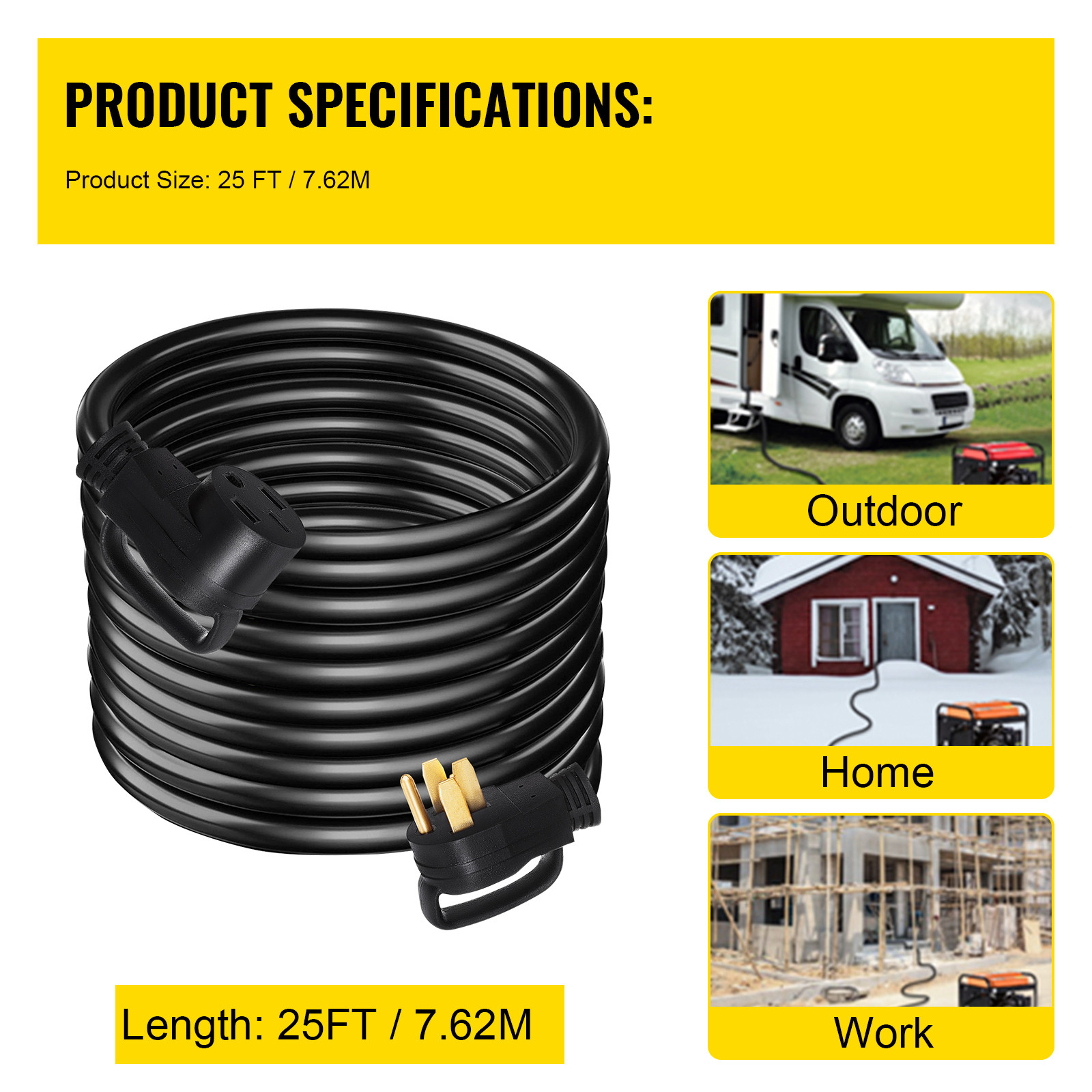 VEVOR 50A 25ft RV Extension Cord NEMA14-50P to NEMA14-50R Rain Proof Power Cable