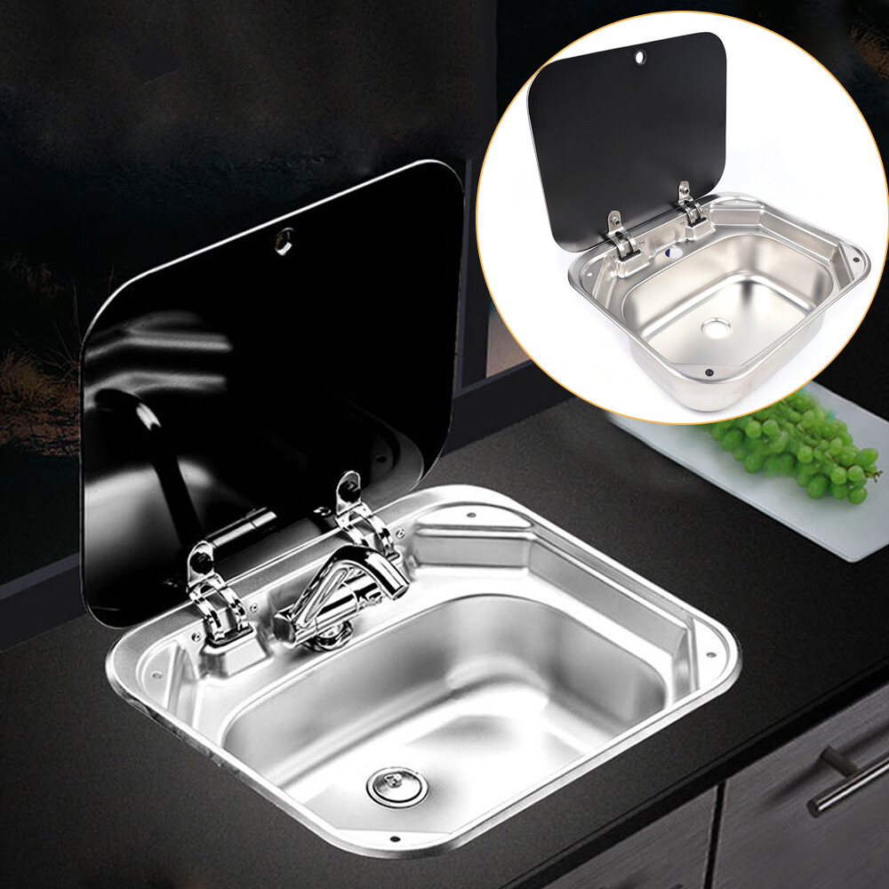 RV Caravan Camper Sink Stainless Steel Hand Wash Basin & Glass Lid & Faucet