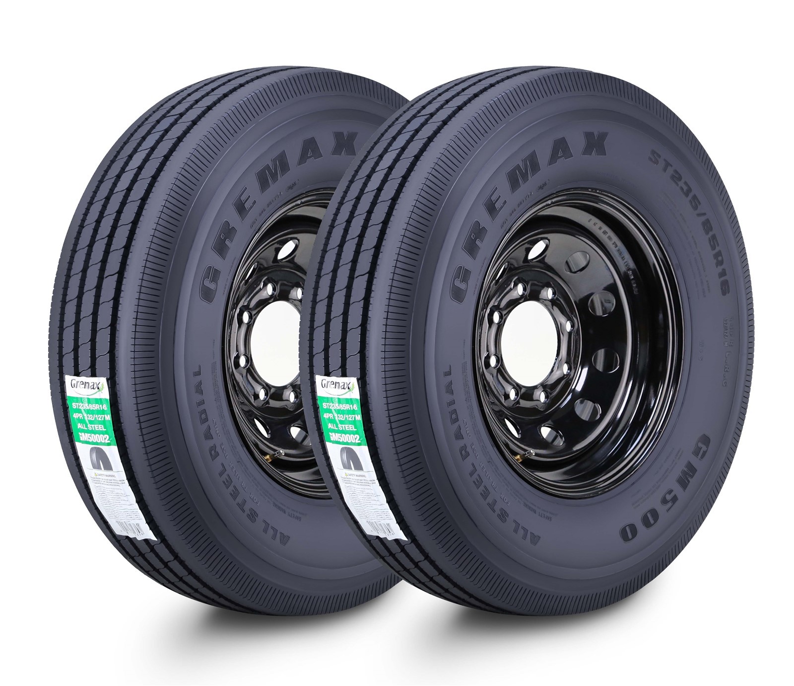 2 GREMAX All Steel Trailer Tire Wheel ST235/85R16 14-Ply G 132M 8×6.5″ Black Mod
