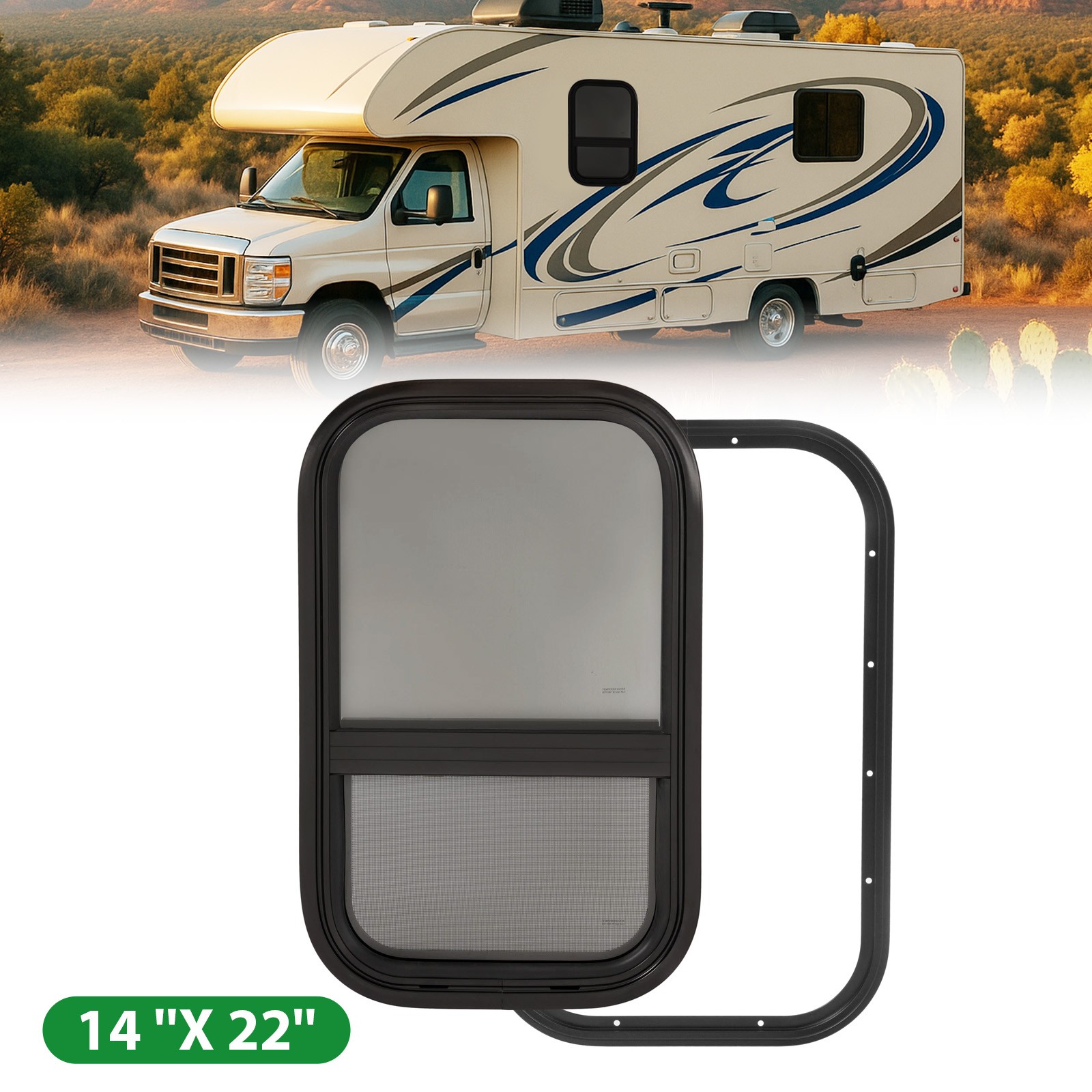 For RV Trailer Camper Black RV Window w/ Trim Ring 14″ W x 22″ H Vertical Slider