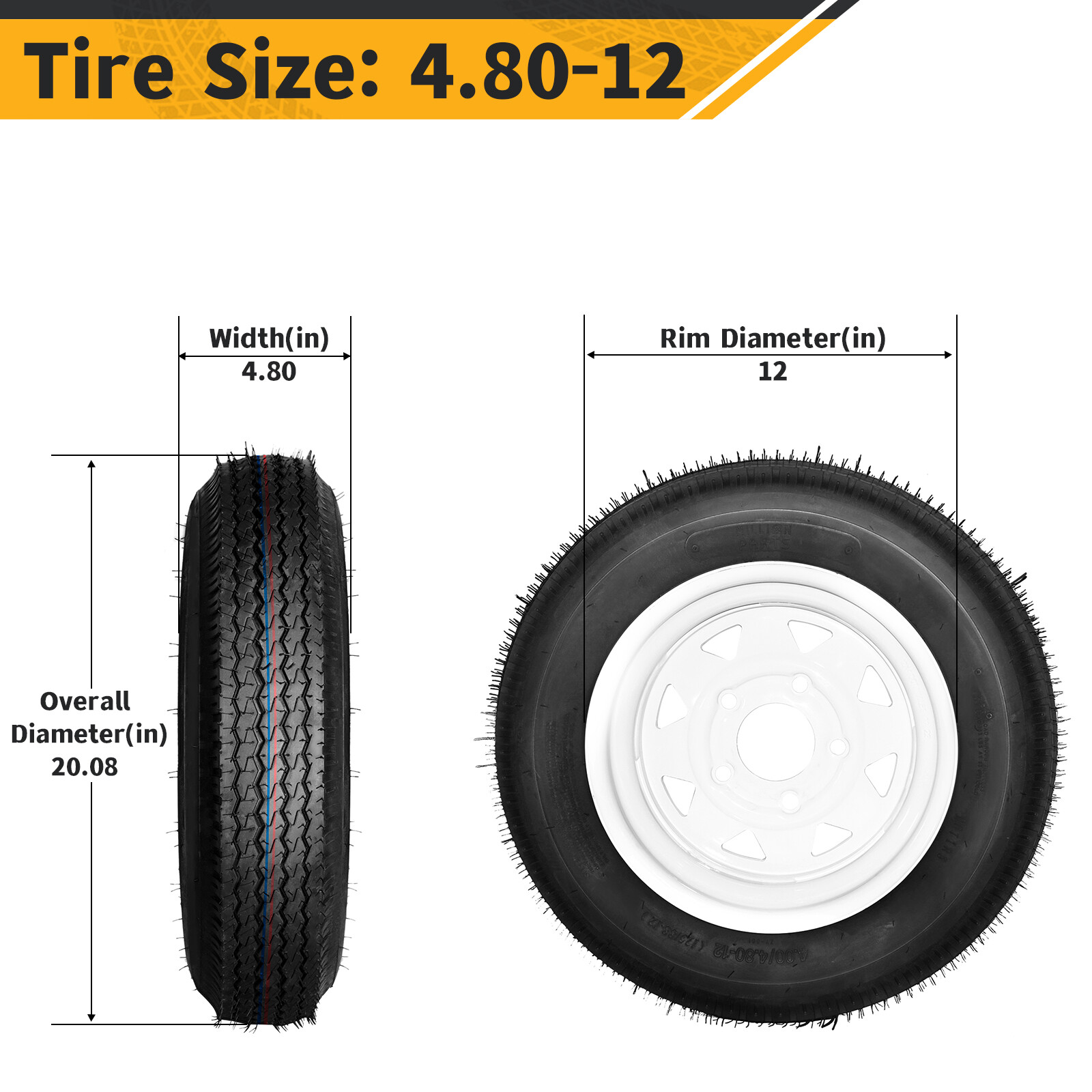 Two 4.80-12 Trailer Tires And Rims 4.80×12 480×12 LRB 5 Lug White Spoke Wheel