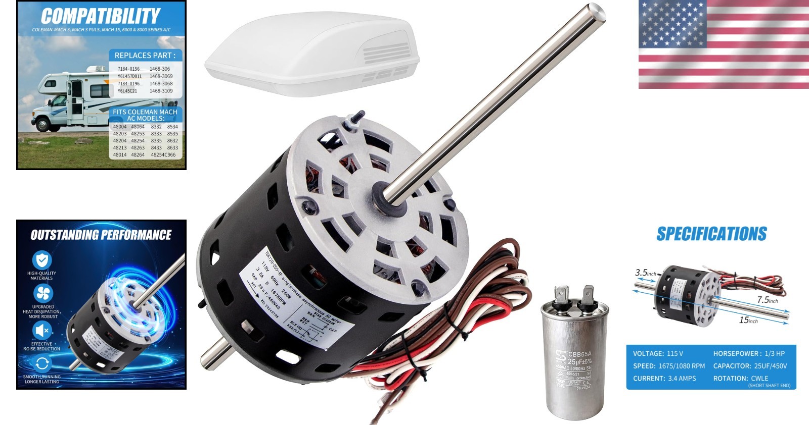 RV AC Fan Motor with Capacitor 1/3 HP 115V, Compatible with Coleman Mach Models
