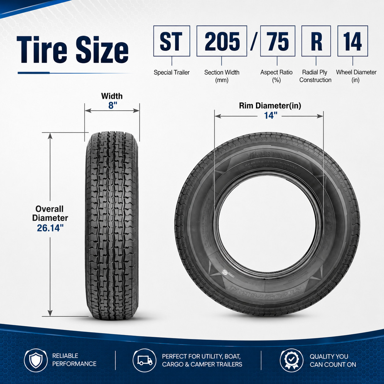 4-Pack ST205/75R14 Trailer Tires 8PR 205 75 14 Load Range D Radial All Season TL