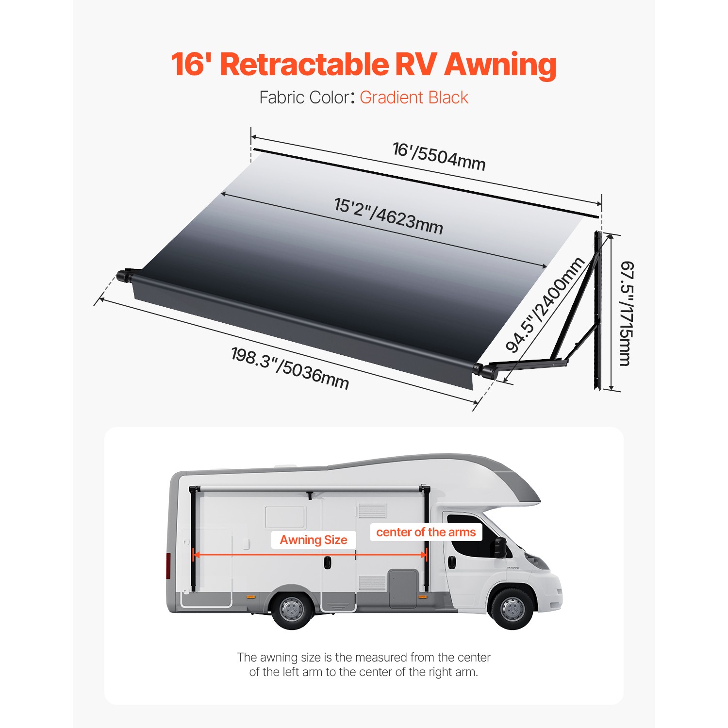 16′ Retractable RV Replacement Awning Electric Trailer Awning for Most DC12V RVs