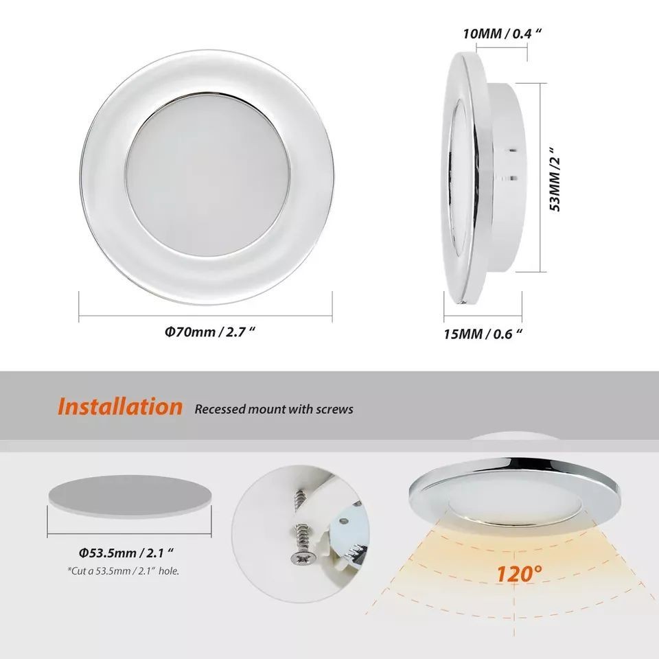 RV Interior LED Recessed Ceiling Light Chrome Shell Warm White 2.8″ 185lm 12v