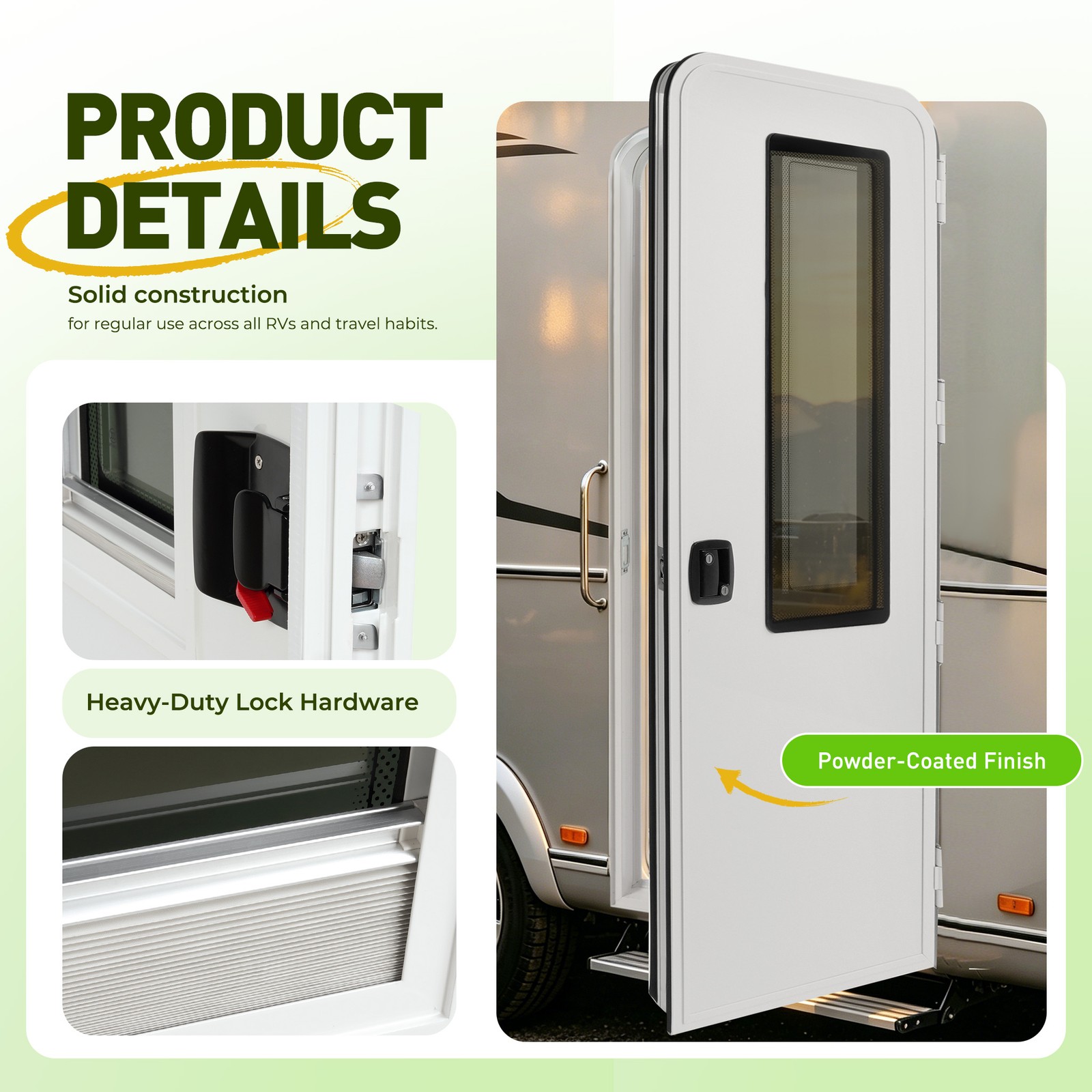 26″ x 72″ RV Entry Door Screen & Lock White Aluminum Powder Coated w/ keys