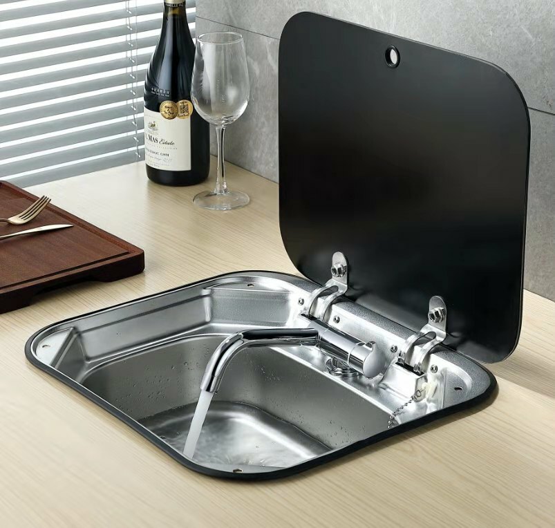 Stainless Steel RV Camper Caravan Trailer Sink Hand Wash Basin W/ Lid & Faucet