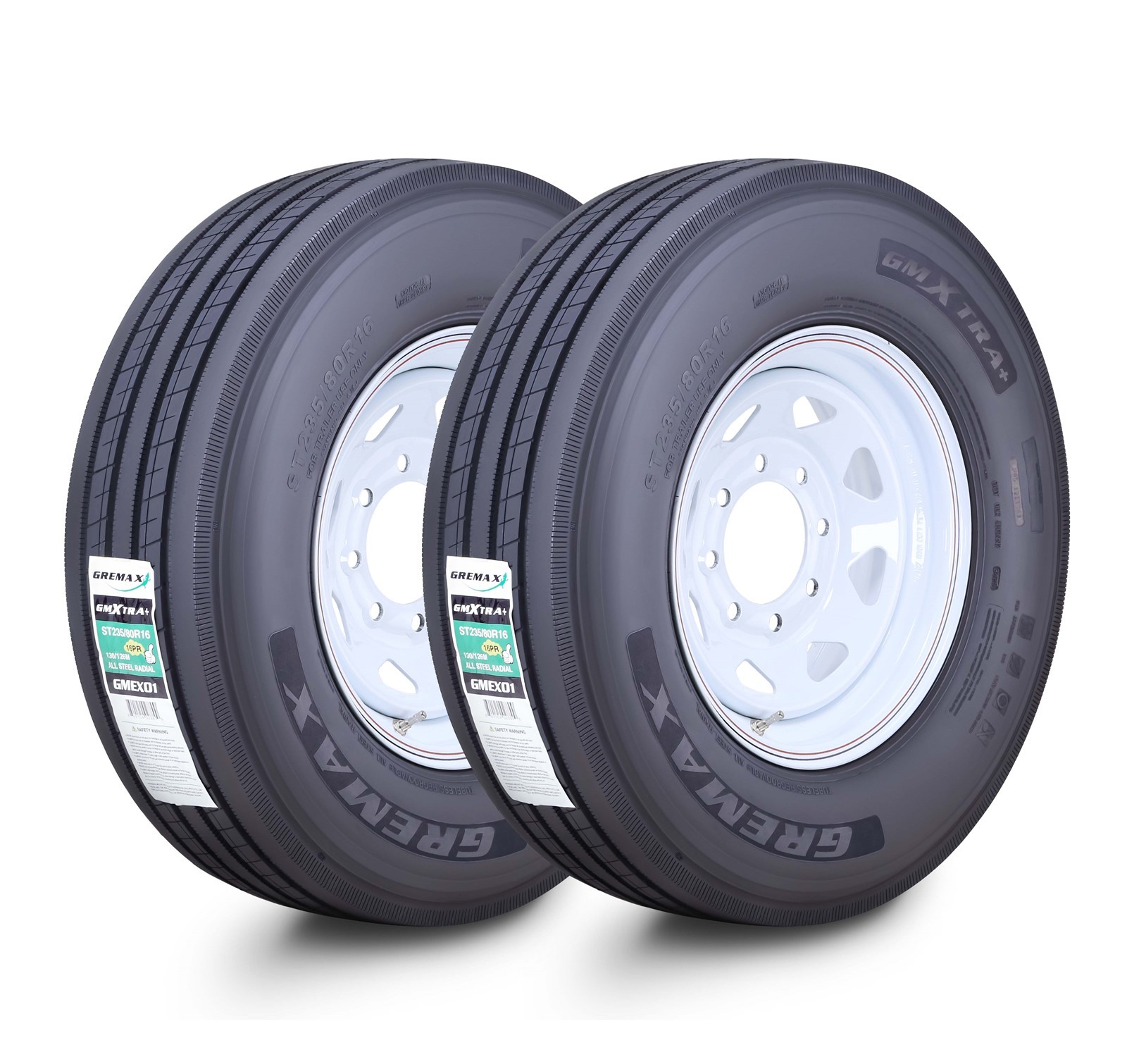 2 GREMAX All Steel Trailer Tire Wheel ST235/80R16 16Ply H 130M 8×6.5 White Spoke
