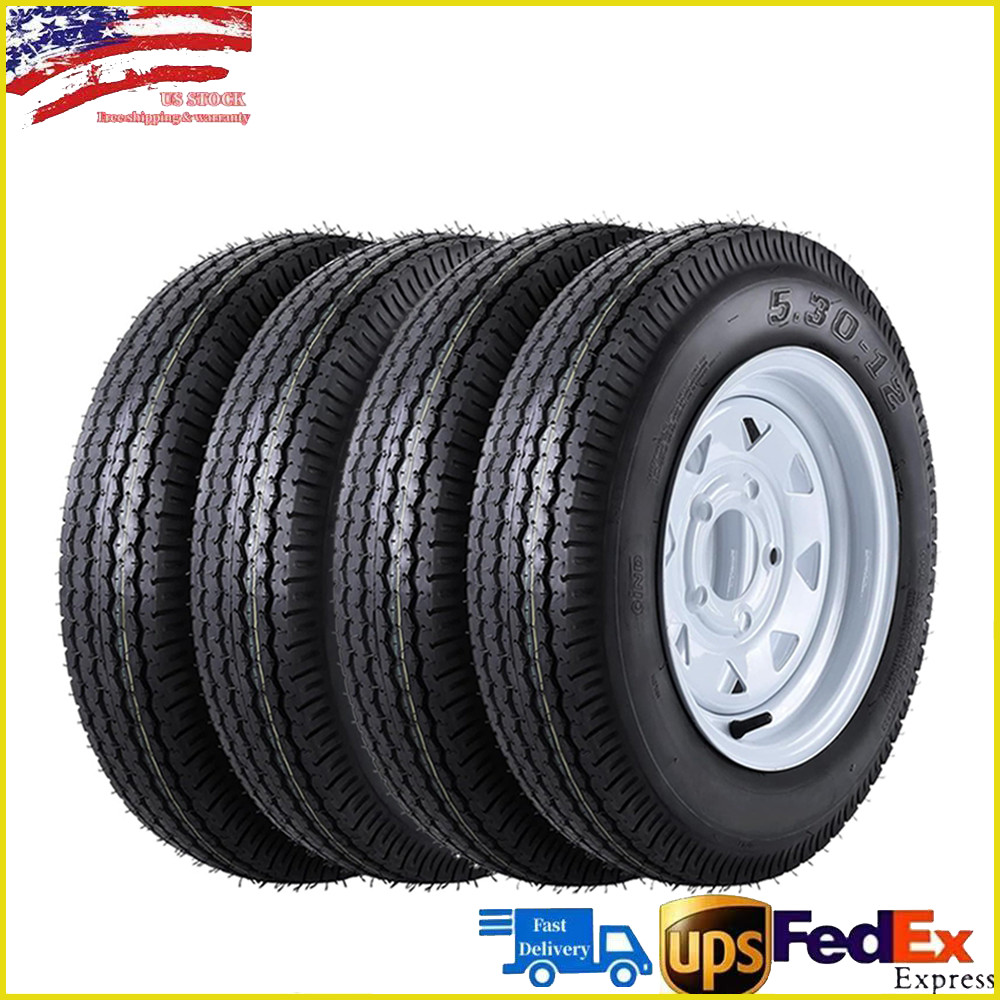 4 Pack 5 Lug 4.5″ PCD 5.30-12 Trailer Tires ON Rims 5.30×12 Tyre with Rims, 6PR