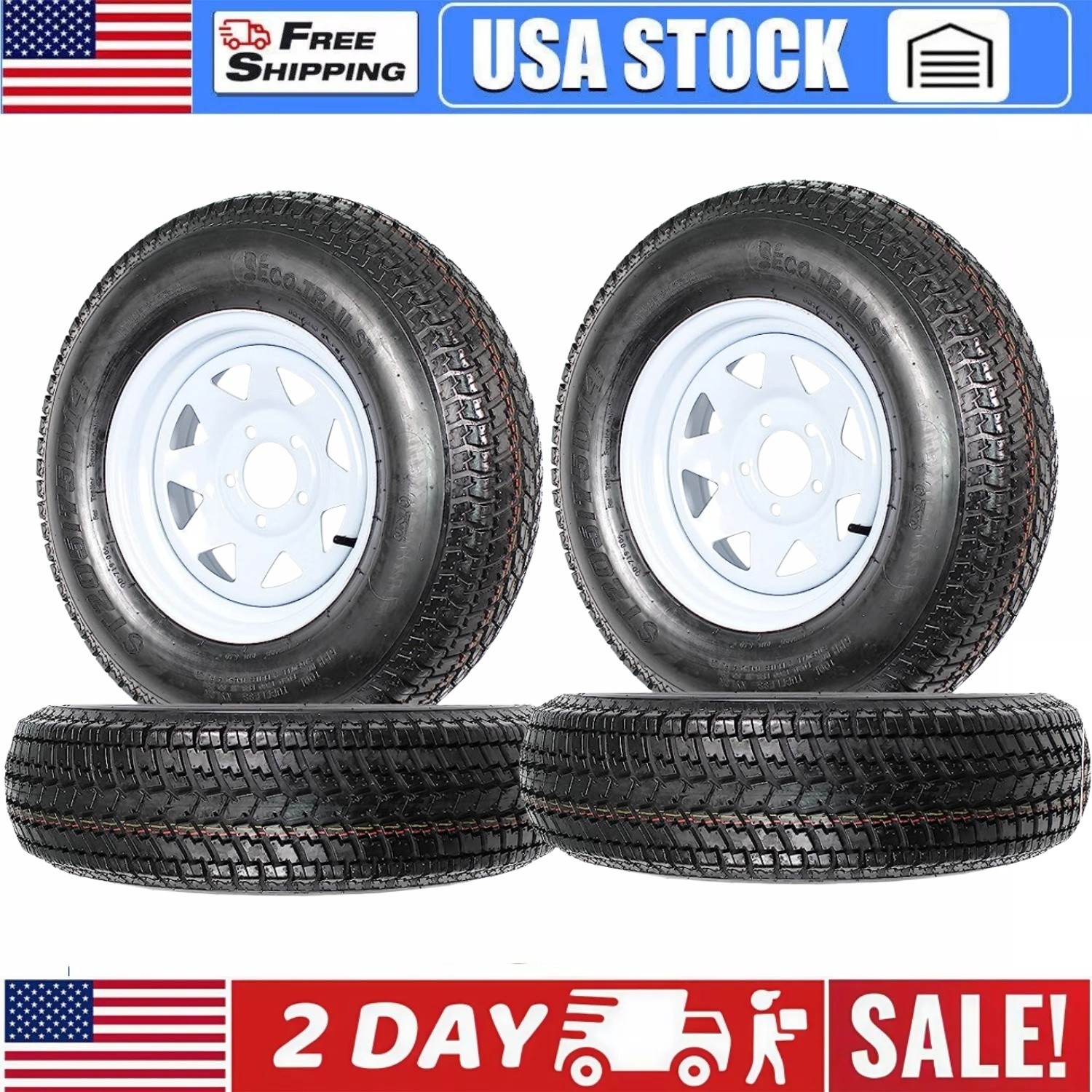 Set of 4 ST205/75D14 Trailer Tires with 14″ Rims 5 Lug on 4.5″ Load Range C 6PR