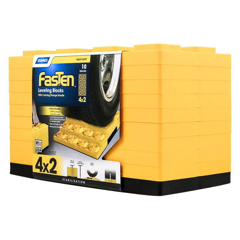 Camco 44515 FasTen Yellow Leveling Blocks w T-Handle 10 Pieces