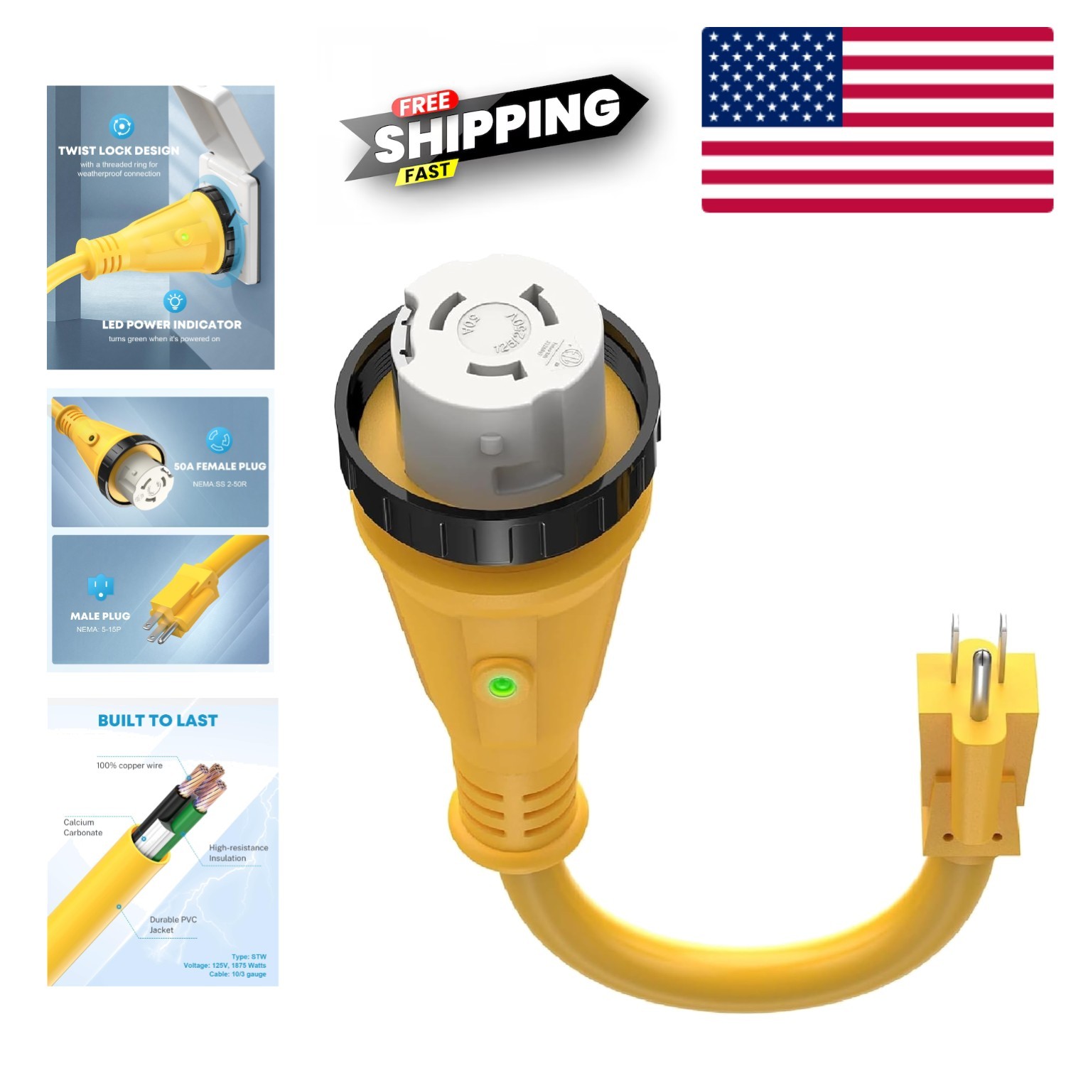 Heavy Duty RV Dogbone Power Cord 50A to 15A Adapter NEMA Locking 12x12x12 inches