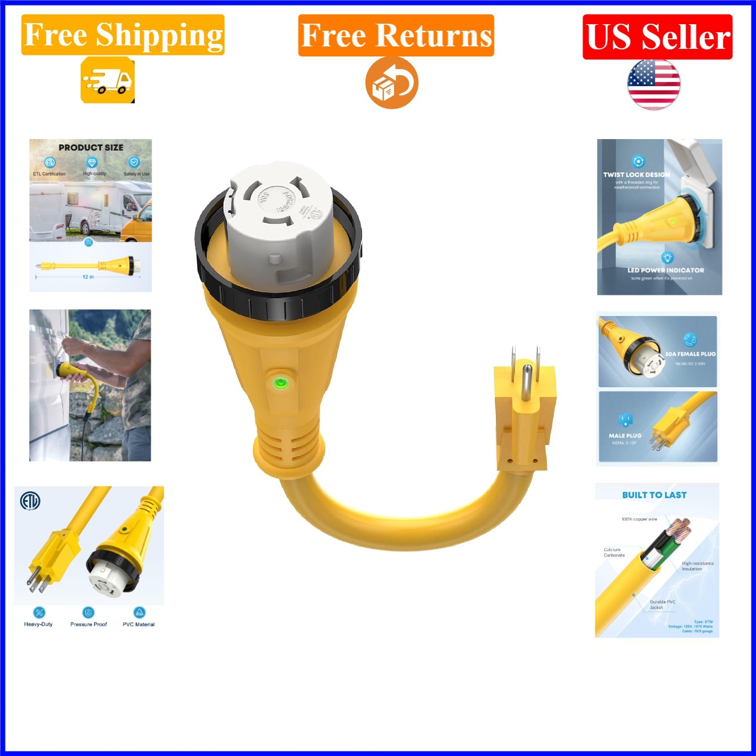 50A to 15A RV Power Adapter Cord, 12-inch, Yellow/Black, LED Indicator