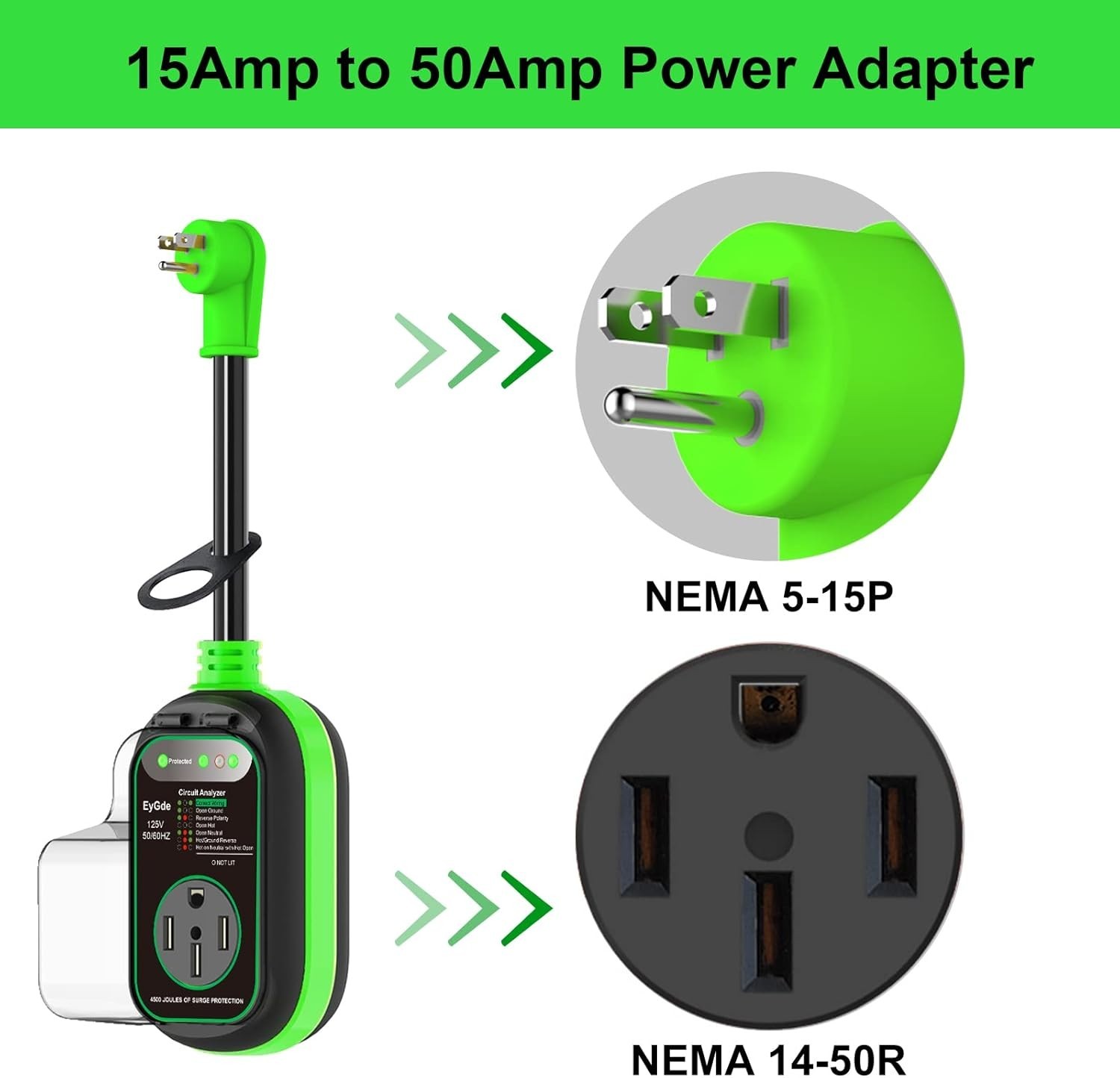 50 Amp to 15 Amp 110 RV Adapter with Surge Protector, Patented 4500J 5-15P Ma…