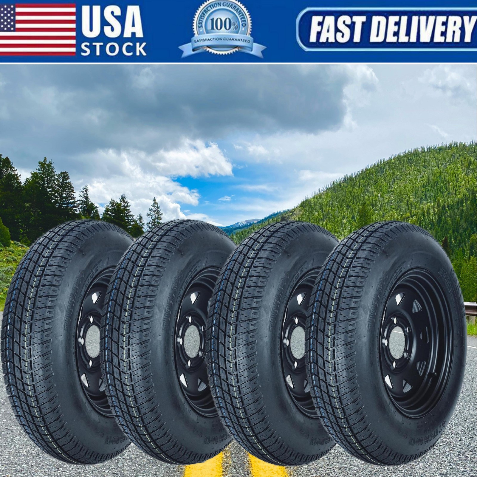 Set of 4 Trailer Tire on Black Modular Rim ST205/75D15 LRC 5 Lug Wheel 5×4.5