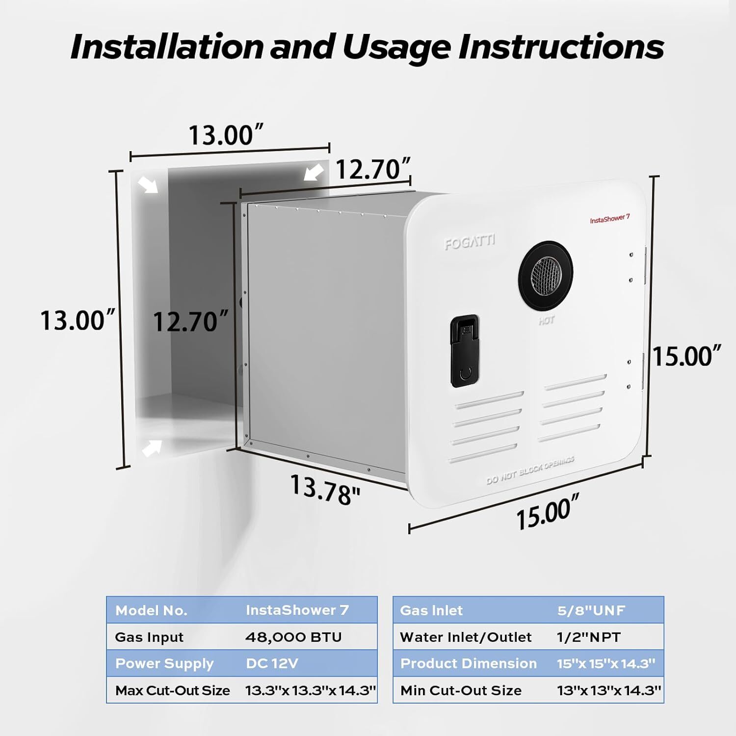 FOGATTI 48,000BTU RV Tankless Water Heater with 15 x 15 inches White Door DC 12V