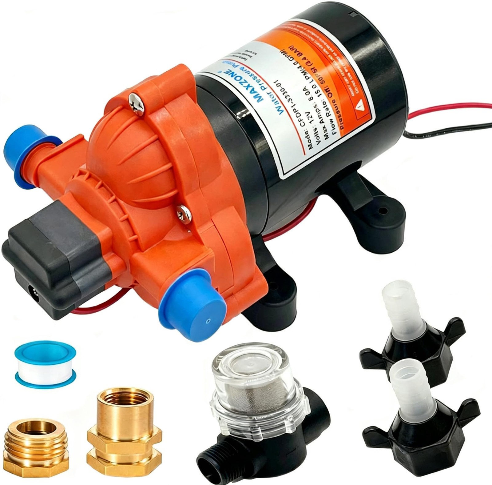 RV Fresh Water Diaphragm Pump 12 Volt DC 4.0 GPM 50PSI, On Demand…