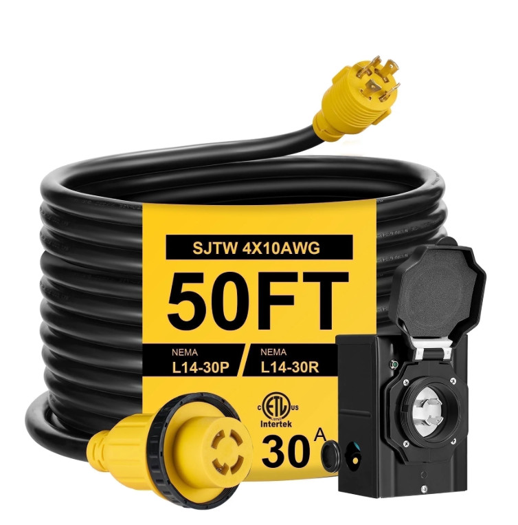 ETL Certified 30Amp 50FT RV Extension Cord with Inlet Box for Extended Reach